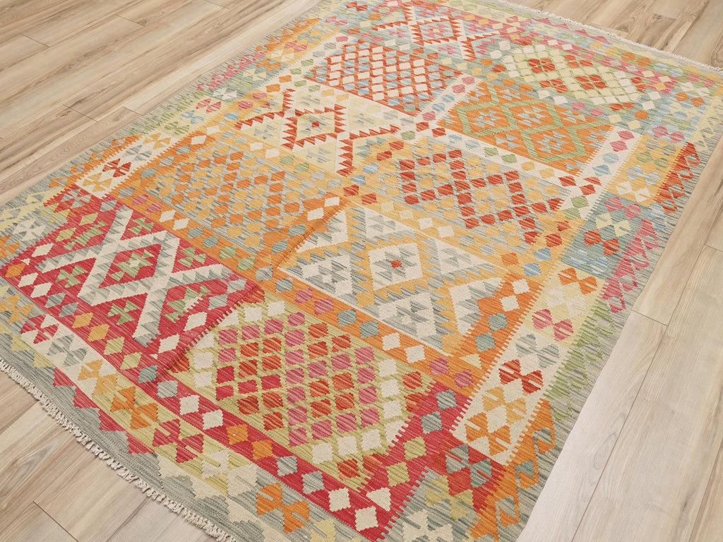 6x8 Ft Orange Tribal Kilim Rug - Flat Weave Afghan Rug