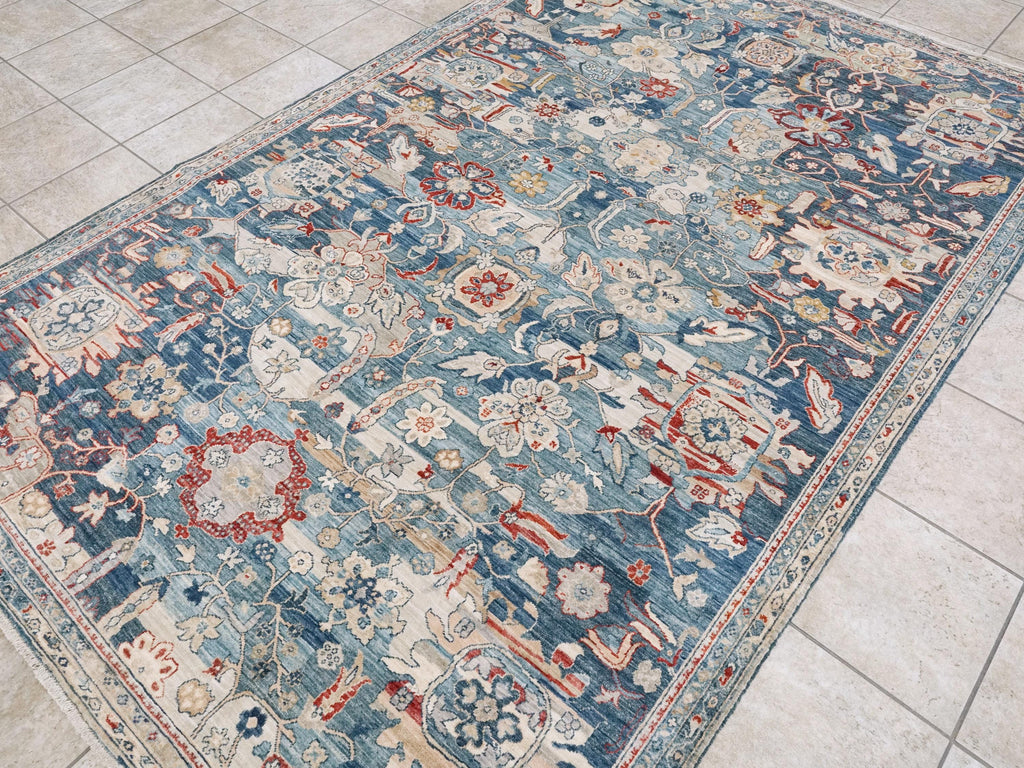 6x9 Ft Blue Serapi Rug - Afghan Wool Oriental Rug - All over Floral Design