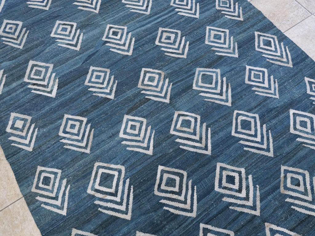 6x8 Ft Blue Kilim Rug - Flatweave Area Rug - Contemporary Design