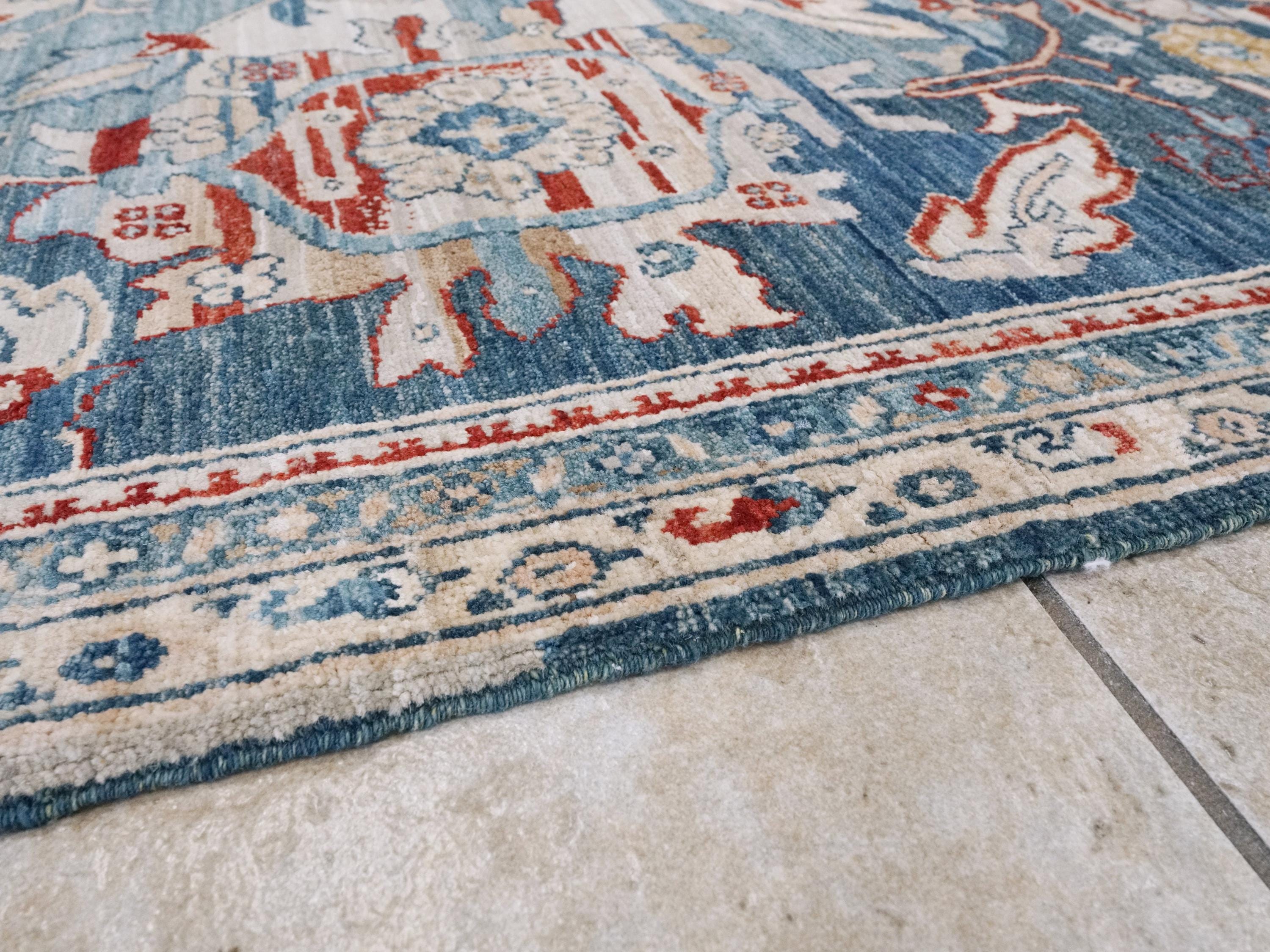 6x9 Ft Blue Serapi Rug - Afghan Wool Oriental Rug - All over Floral Design