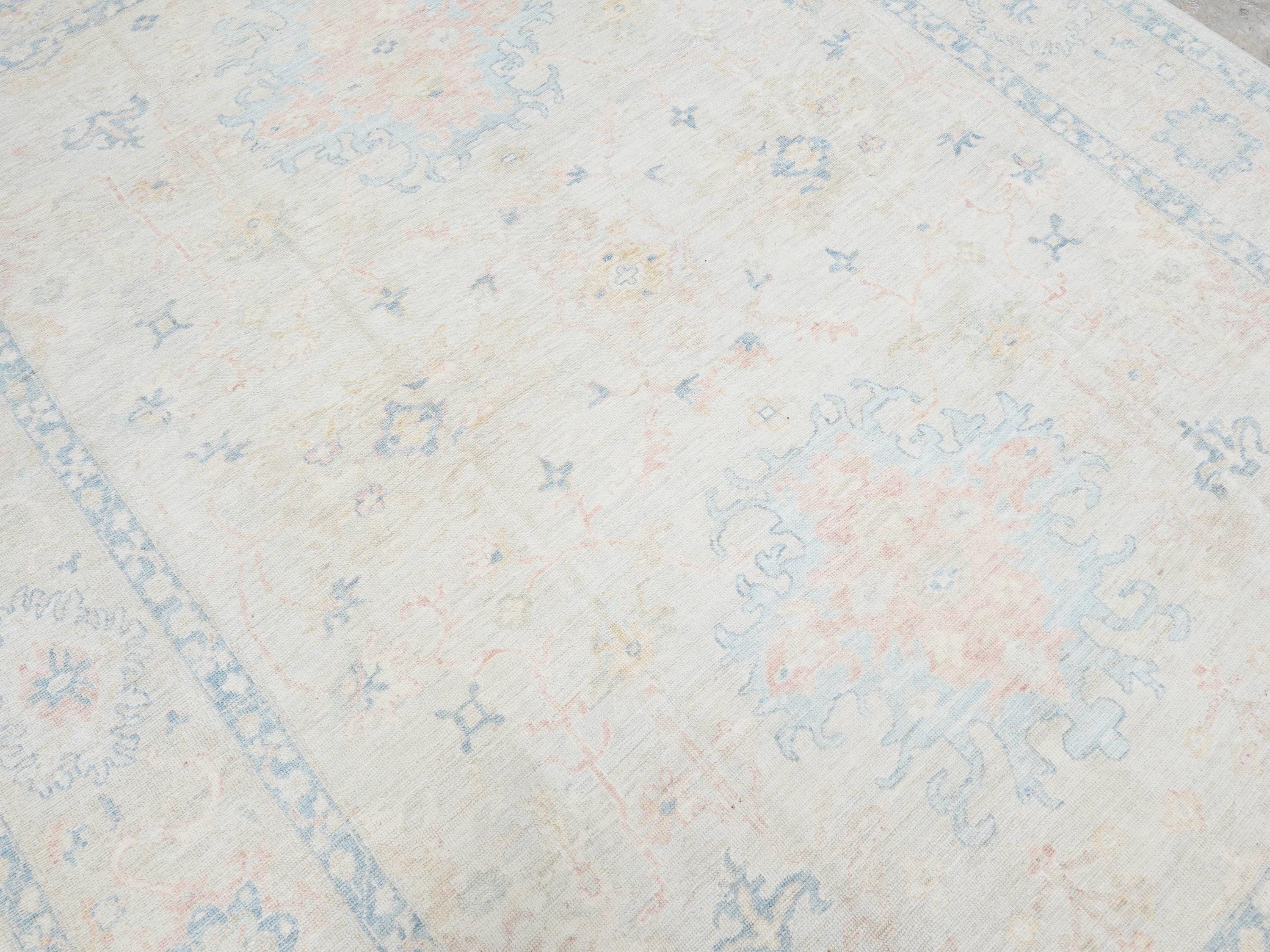 9x12 Ft White Pastel Oushak Rug - Handmade Area Rug - Floral Design
