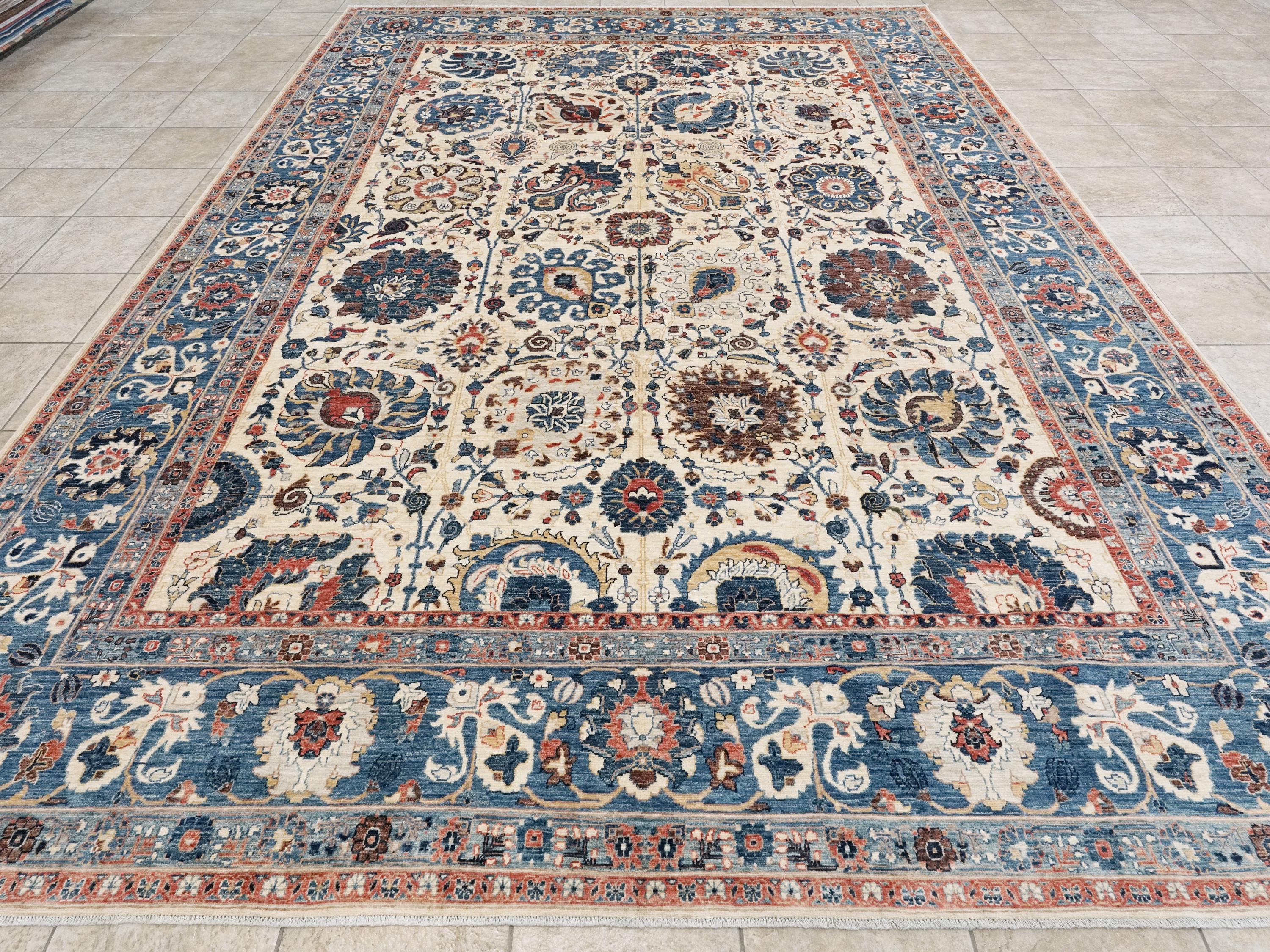 10x14 Ft White & Blue Bidjar Rug - Hand Knotted Oriental Area Rug