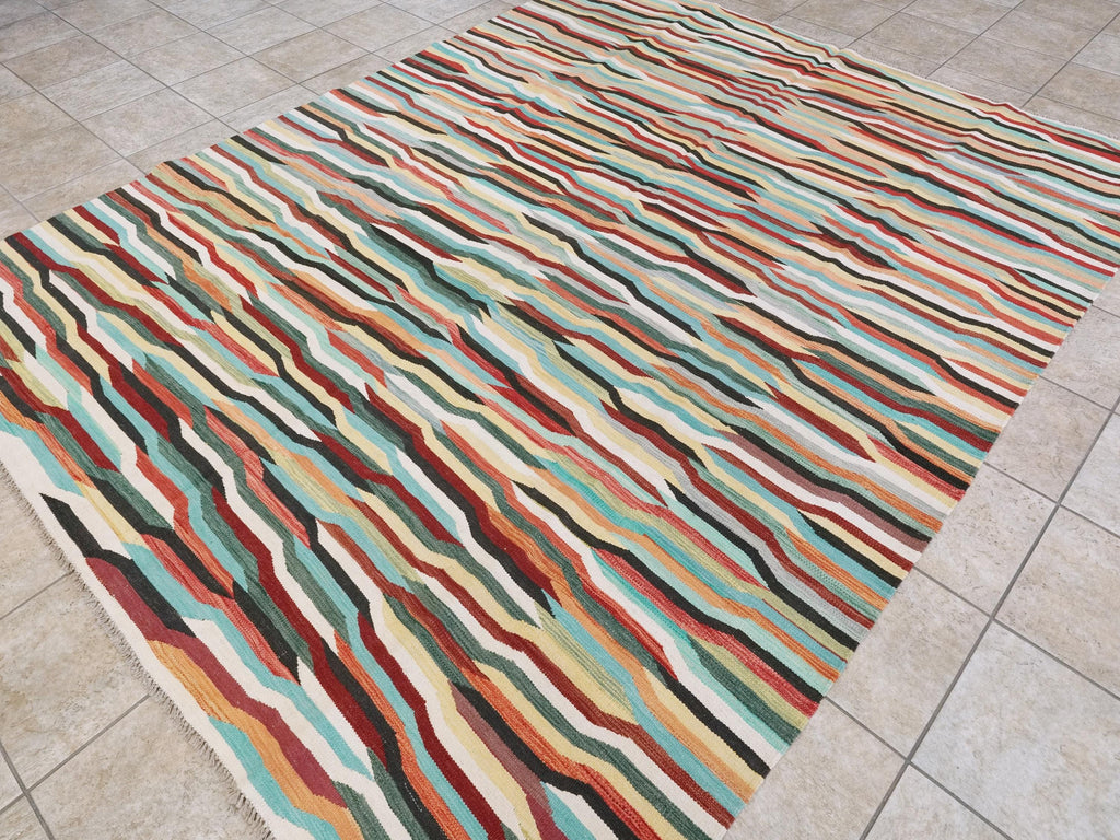 8x10 Ft Colorful Kilim Rug - Flat Weave Area Rug - Abstract Design