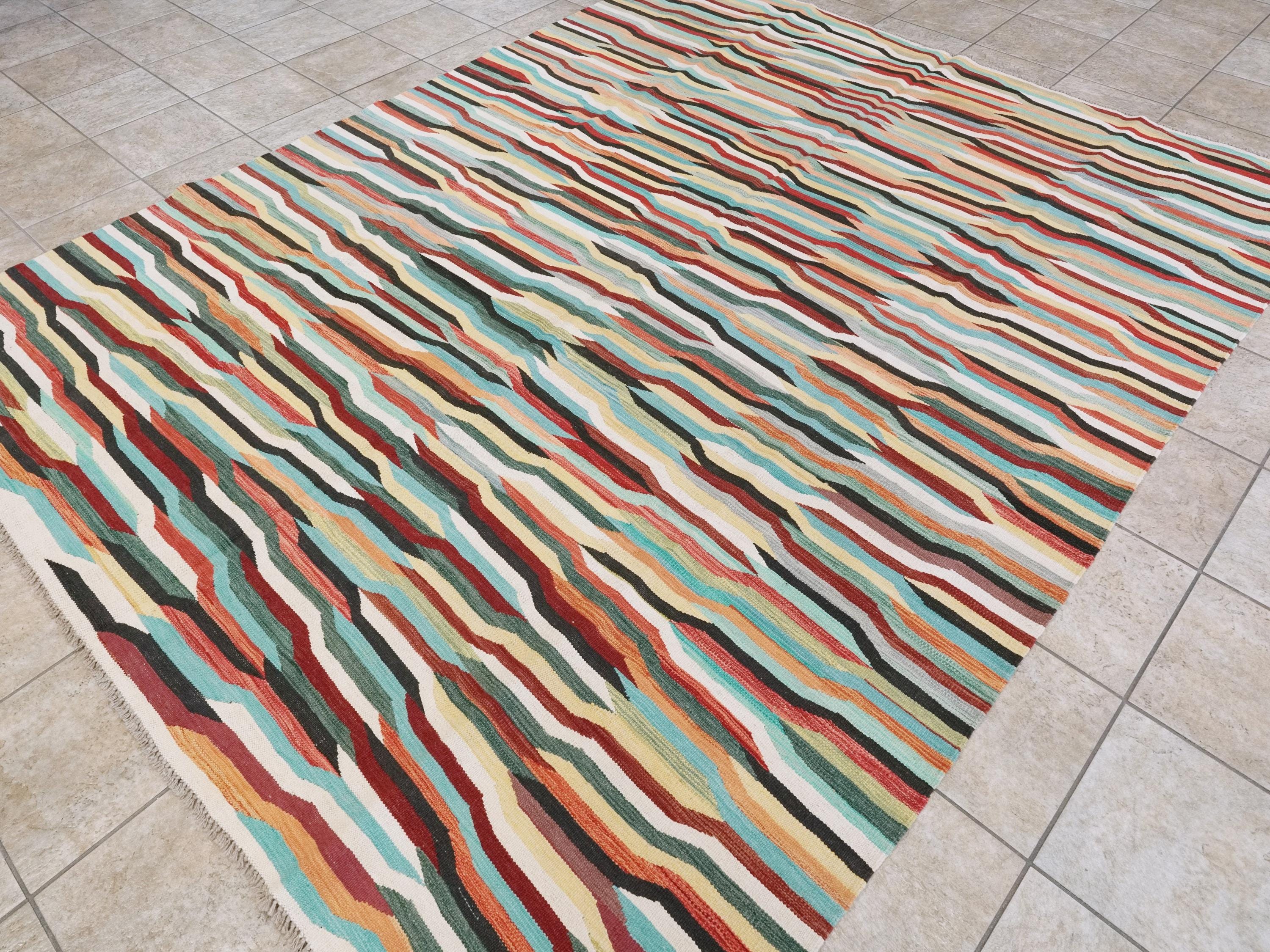 8x10 Ft Colorful Kilim Rug - Flat Weave Area Rug - Abstract Design