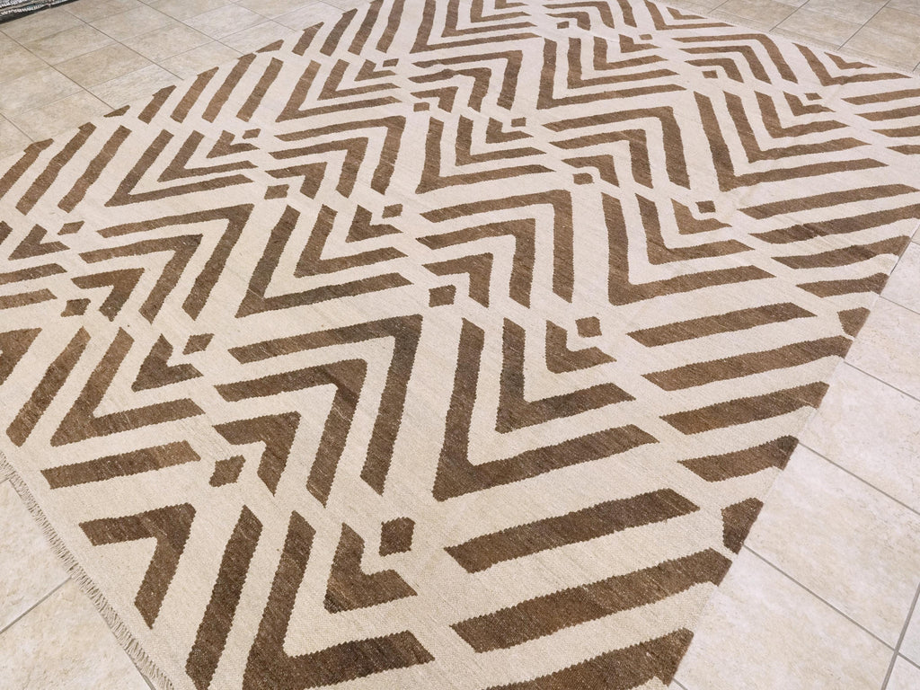 9x12 Ft Brown & Beige Killim Rug - Flat Weave Area Rug