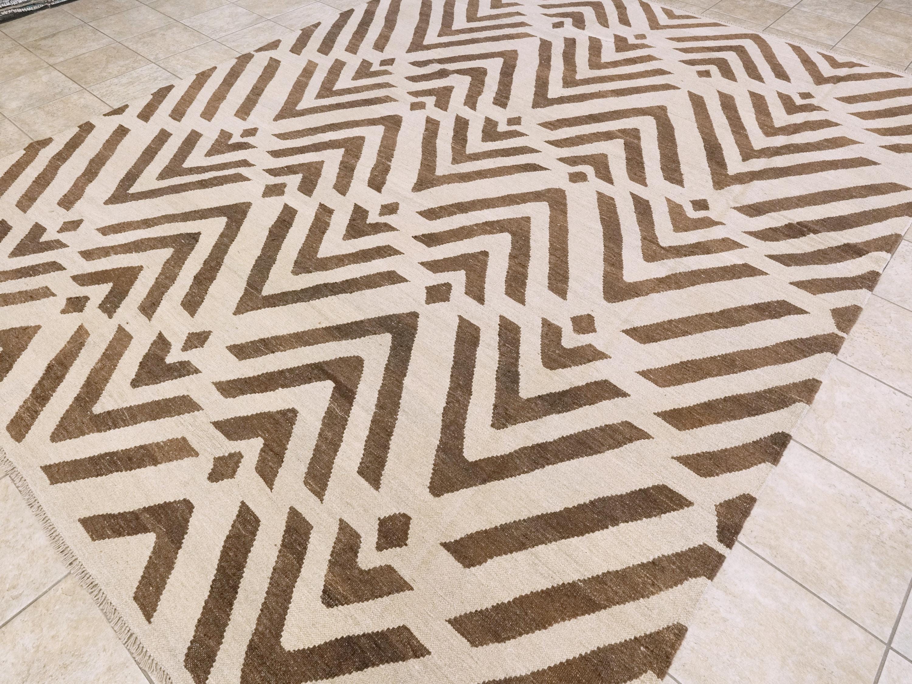 9x12 Ft Brown & Beige Killim Rug - Flat Weave Area Rug