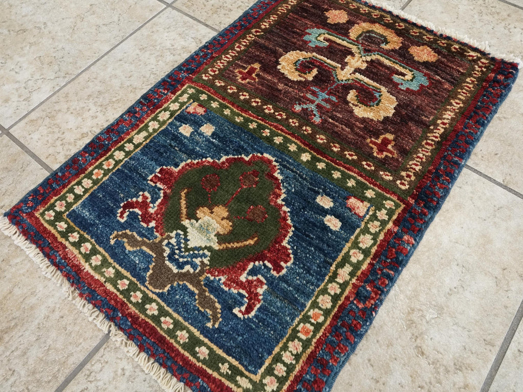 1x2 Ft Hand Knotted Brown Heriz Rug - Ghazni Wool Accent Rug