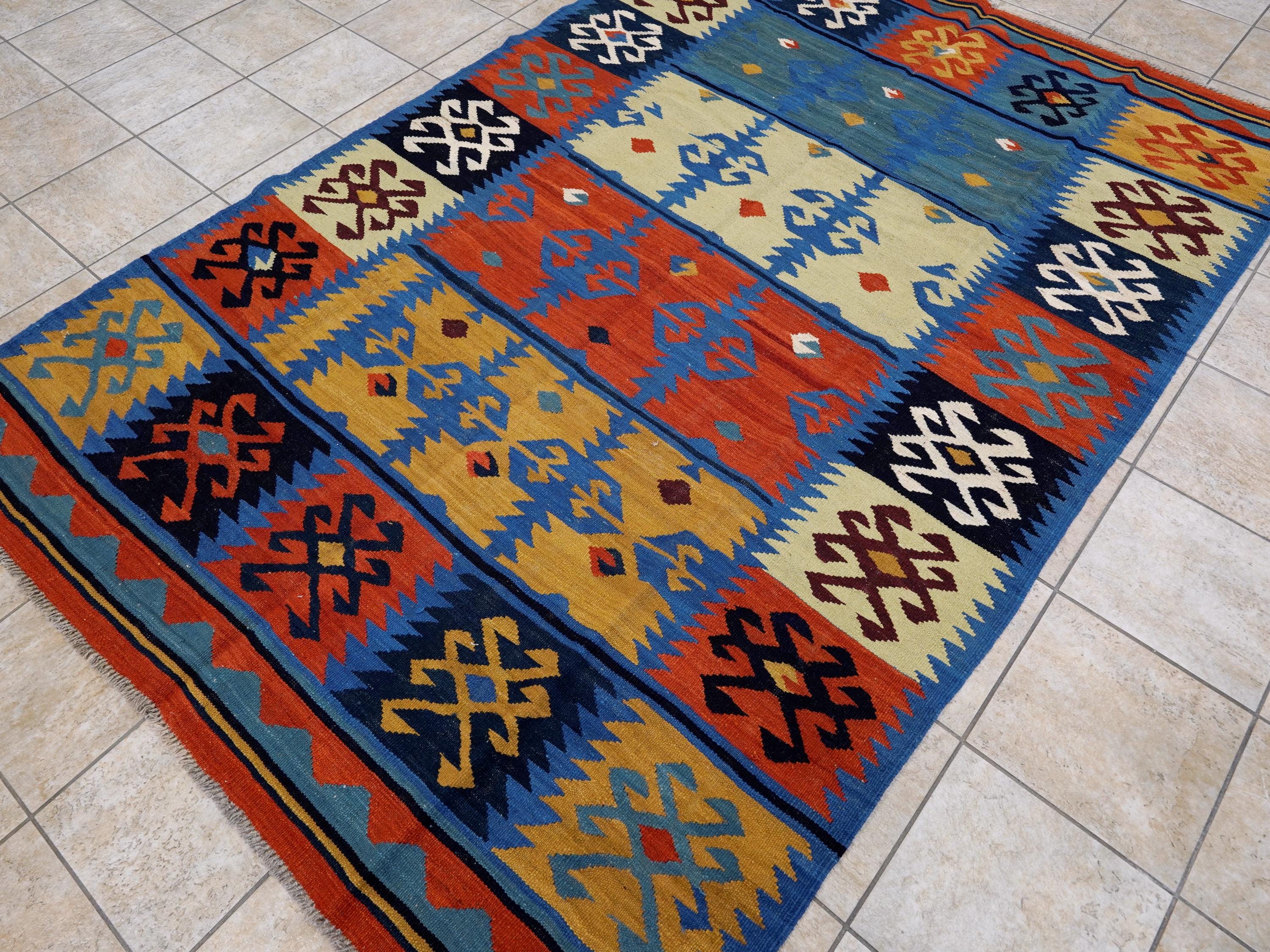 6x9 Ft Red & Blue Maimana Kilim Rug - Hand Knotted Wool Tribal Rug