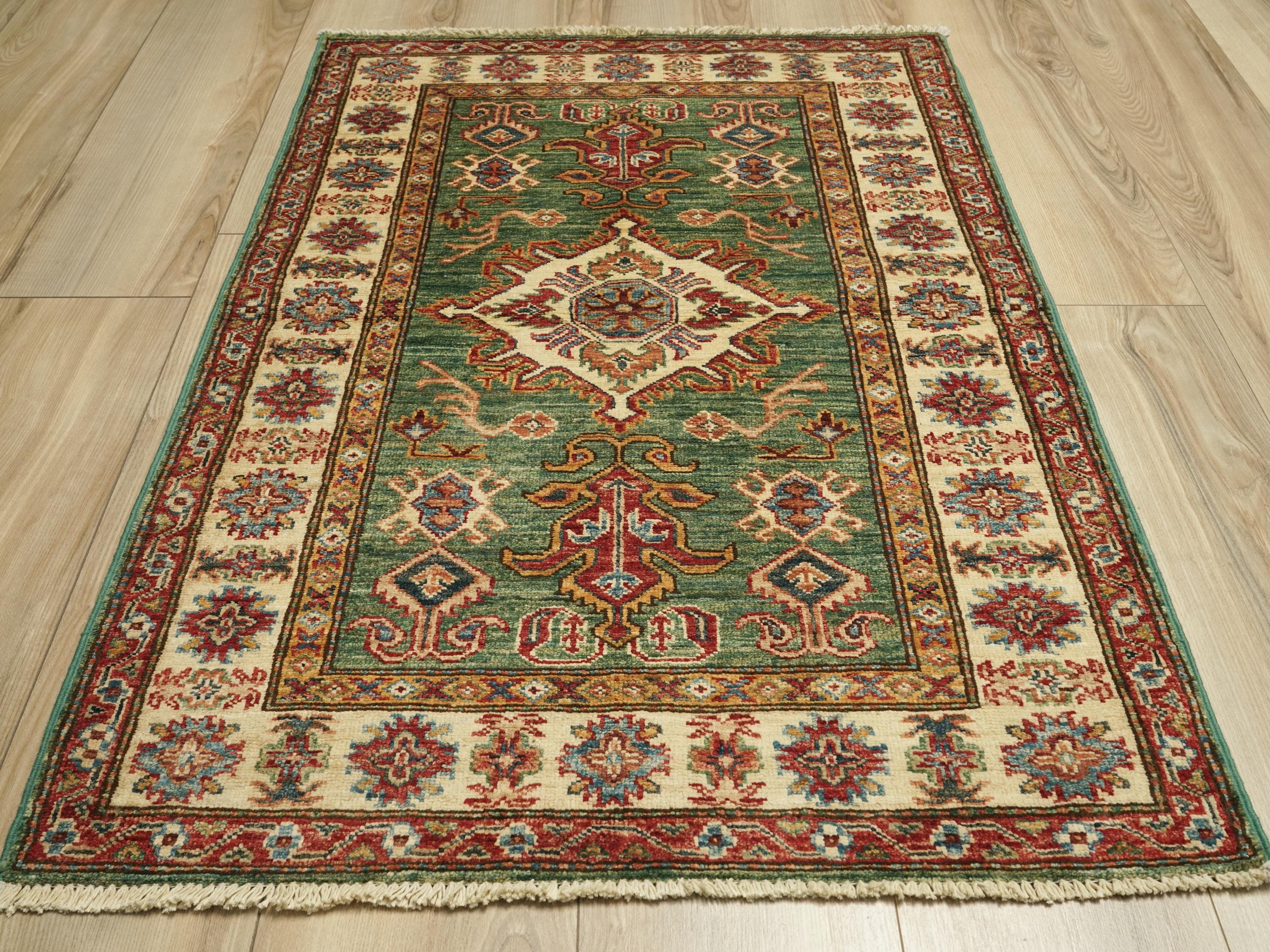 3x4 Ft Green Kazak Rug - Afghan Wool Handmade Area Rug