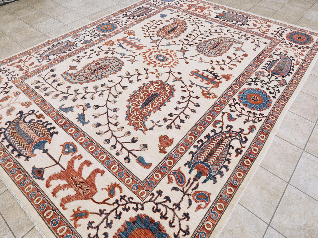 9x12 Ft Beige Wool Suzani Rug - Afghan Handmade Oriental Design