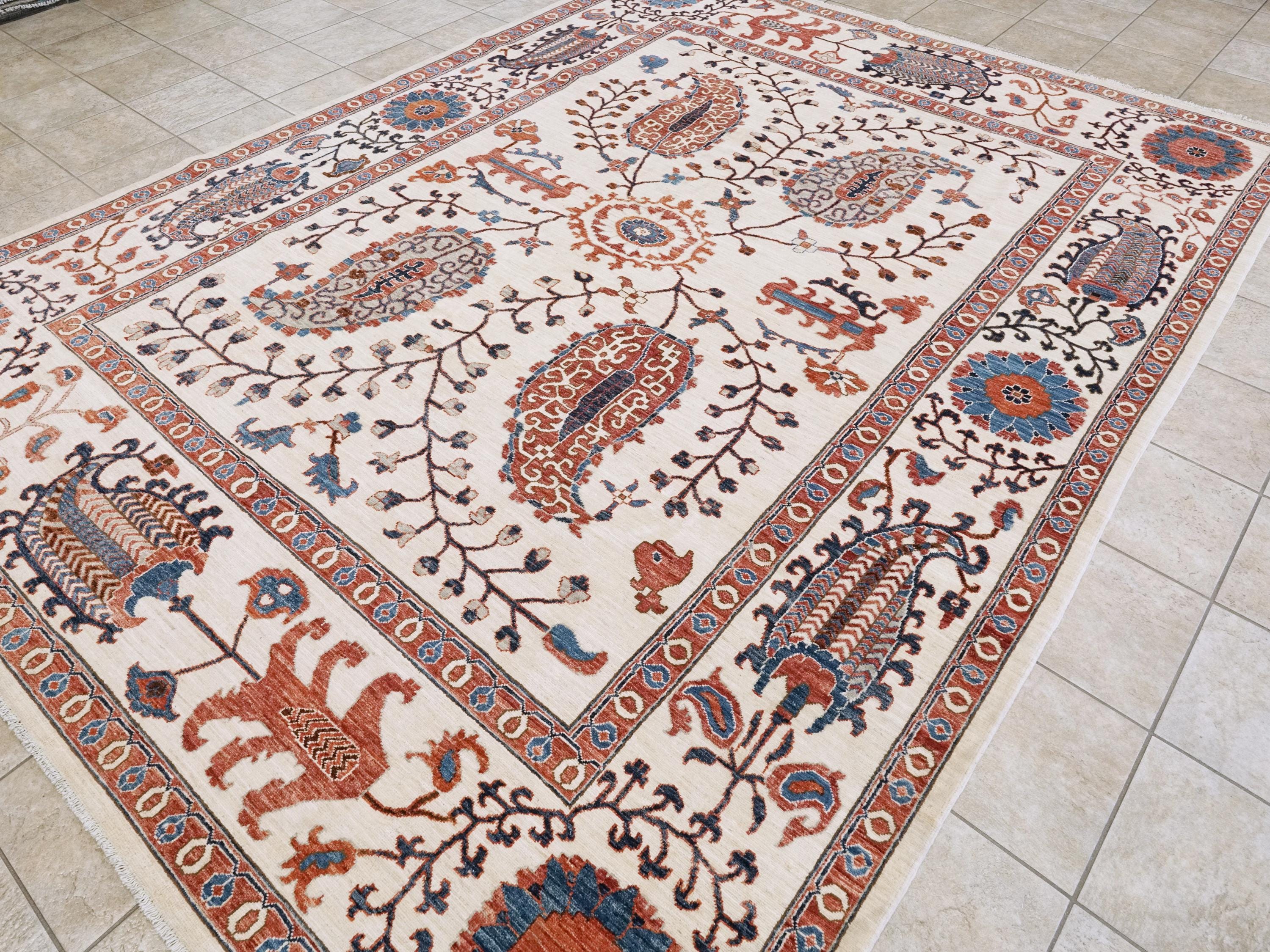 9x12 Ft Beige Wool Suzani Rug - Afghan Handmade Oriental Design