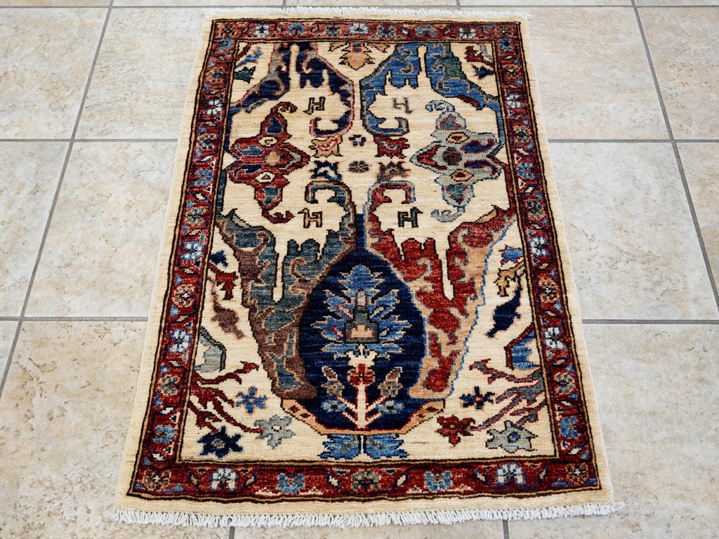 2x3 Ft Hand Knotted Beige Serapi Rug - Ghazni Wool Doormat