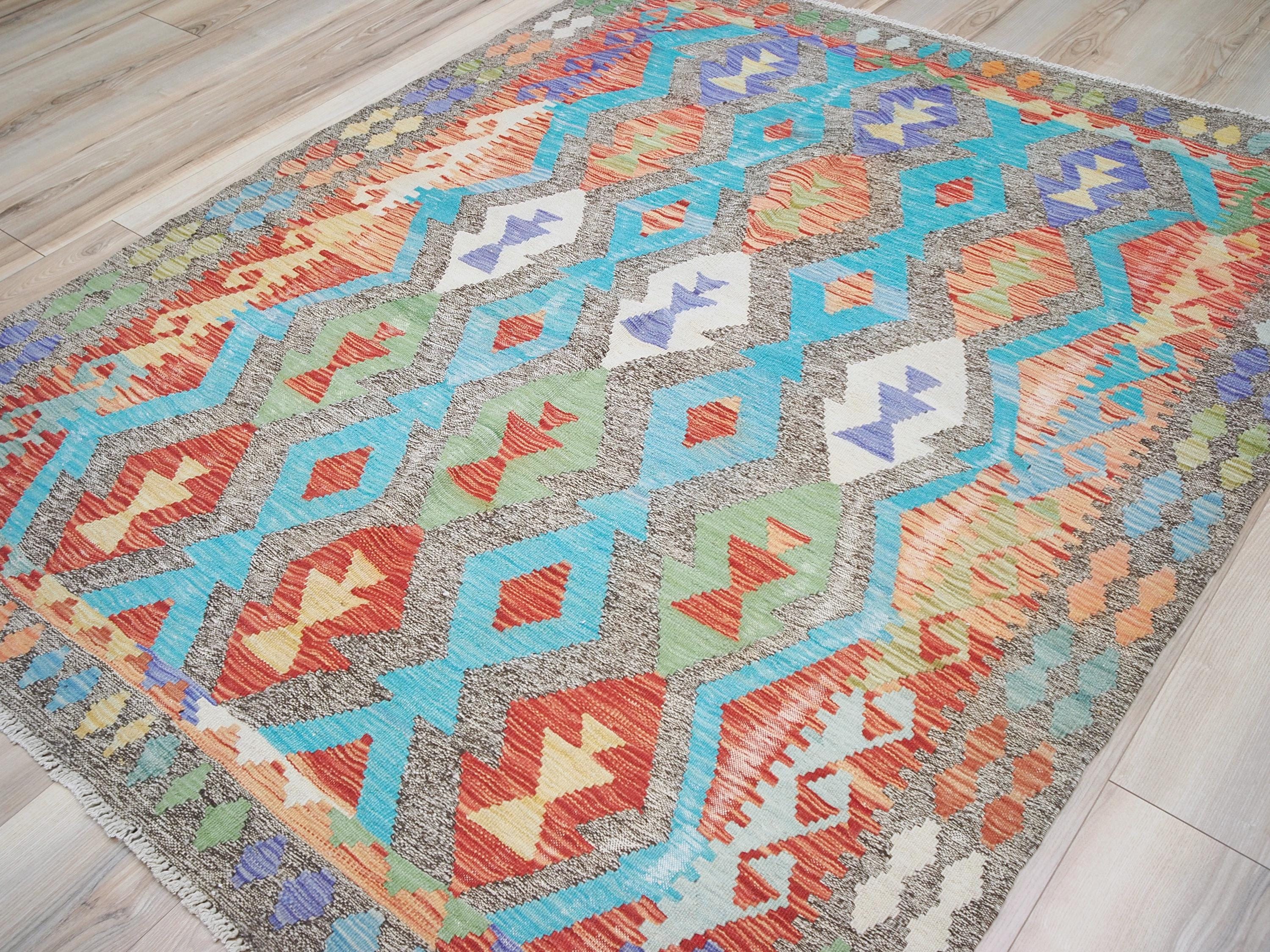 5x6 Ft Cyan Tribal Kilim Rug - Flat Weave Scandinavian Rug