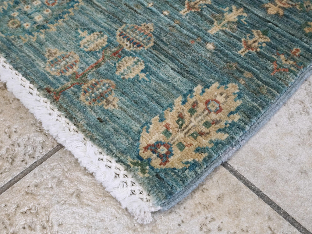 3x3 Ft Cyan Serapi Rug - Hand Knotted Wool Oriental Rug - Floral Design