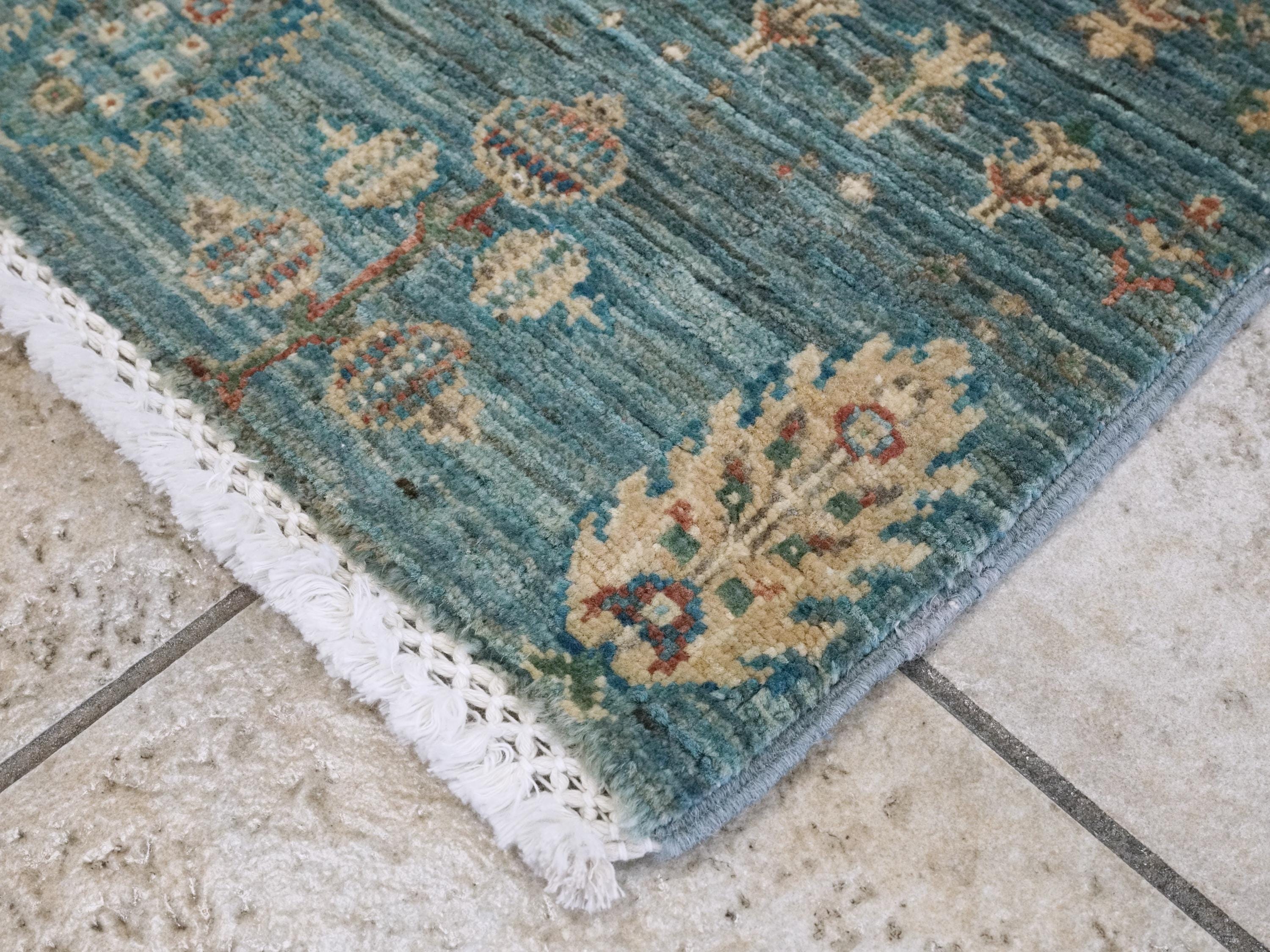 3x3 Ft Cyan Serapi Rug - Hand Knotted Wool Oriental Rug - Floral Design