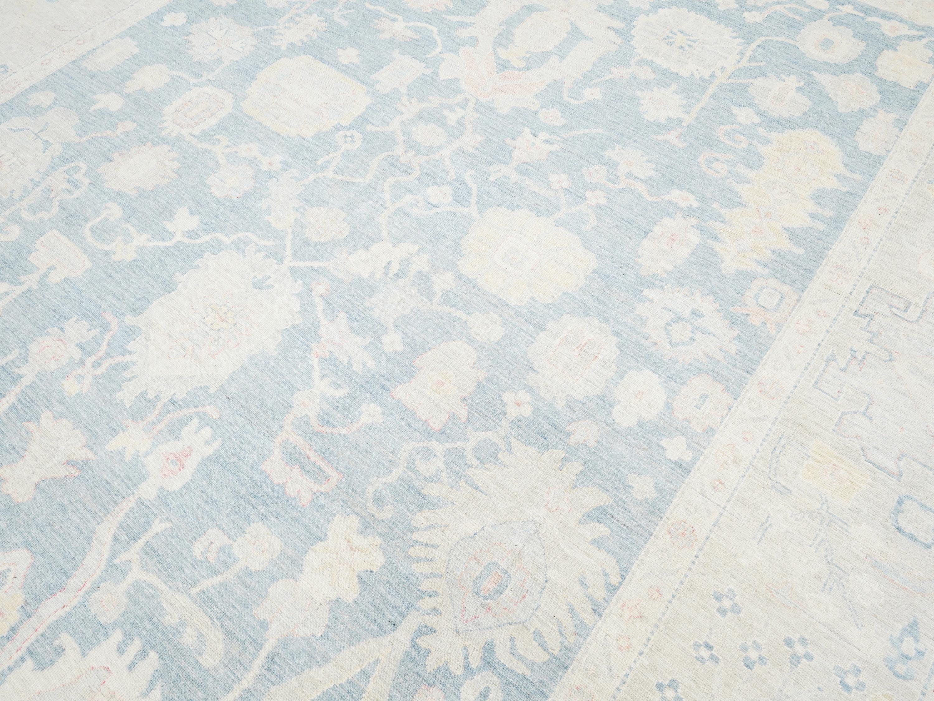 12x15 Ft Muted Ushak Rug - Traditional Wool Area Rug - Blue & White Turkish design