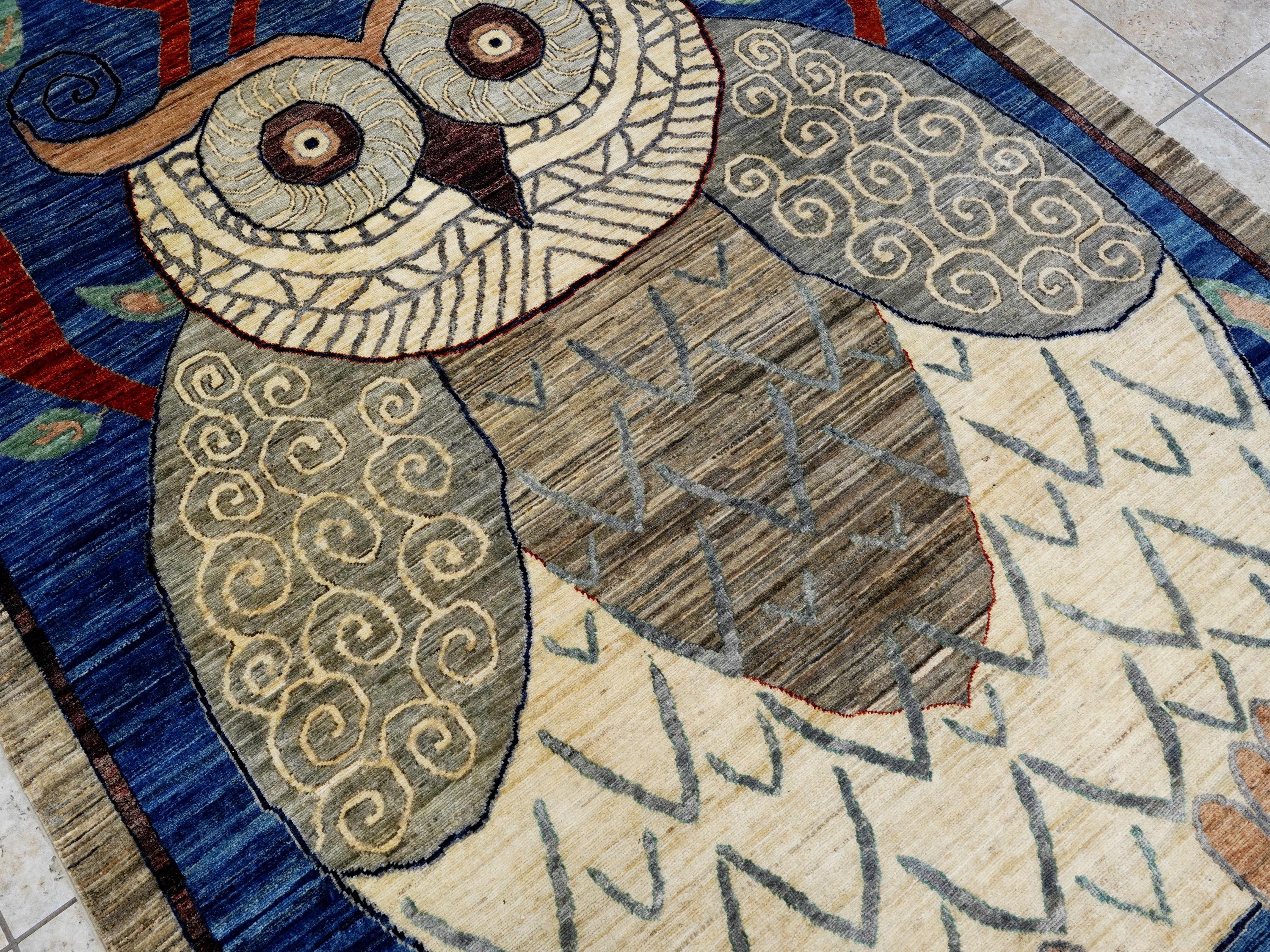 6x9 Ft Owl Rug - Hand Knotted Wool Gabbeh Rug - Animal Design