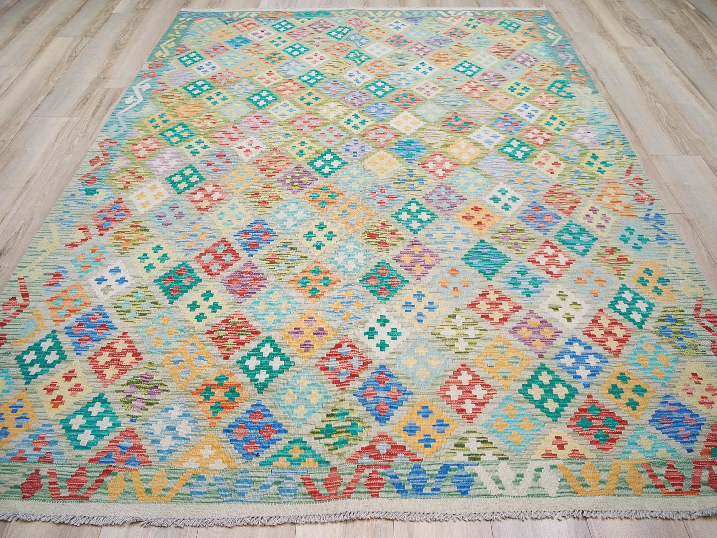 7x10 Ft Green Maimana Kilim Rug - Flat Weave Afghan Rug