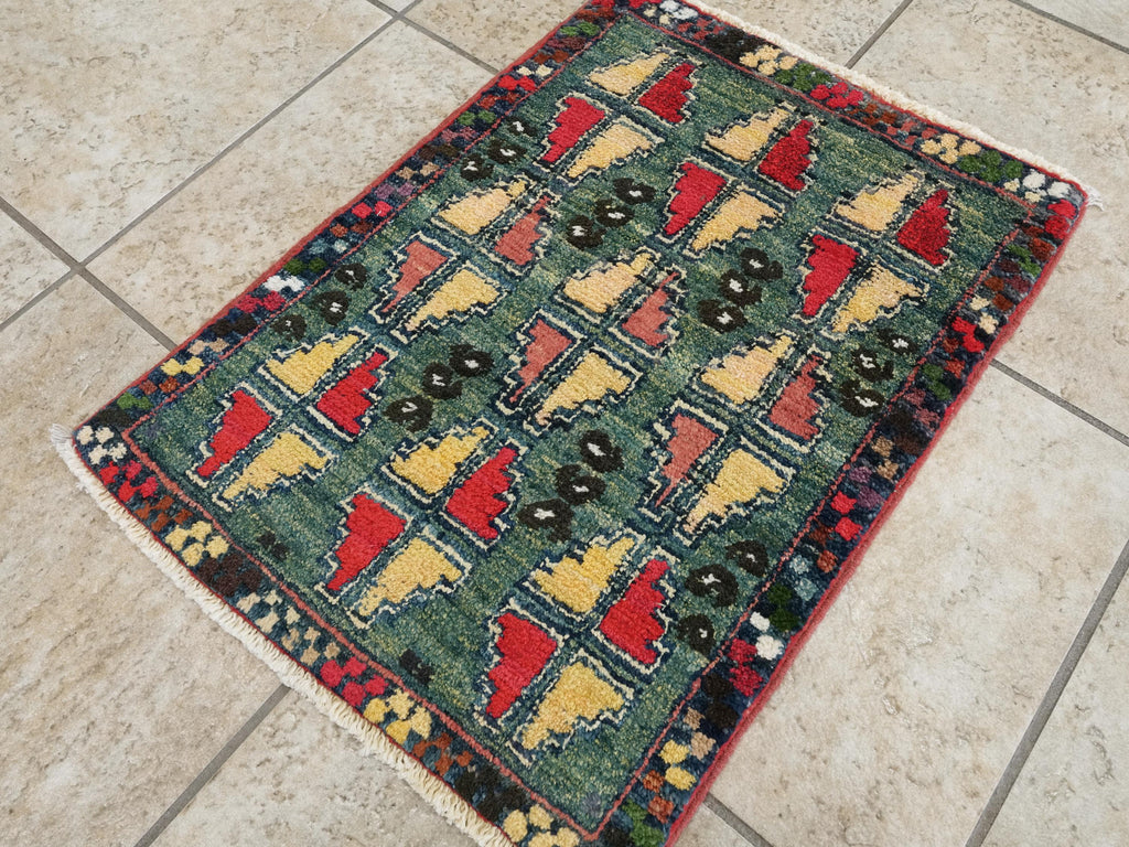 1x2 Ft Hand Knotted Dark Green Serapi Rug - Ghazni Wool Accent Rug