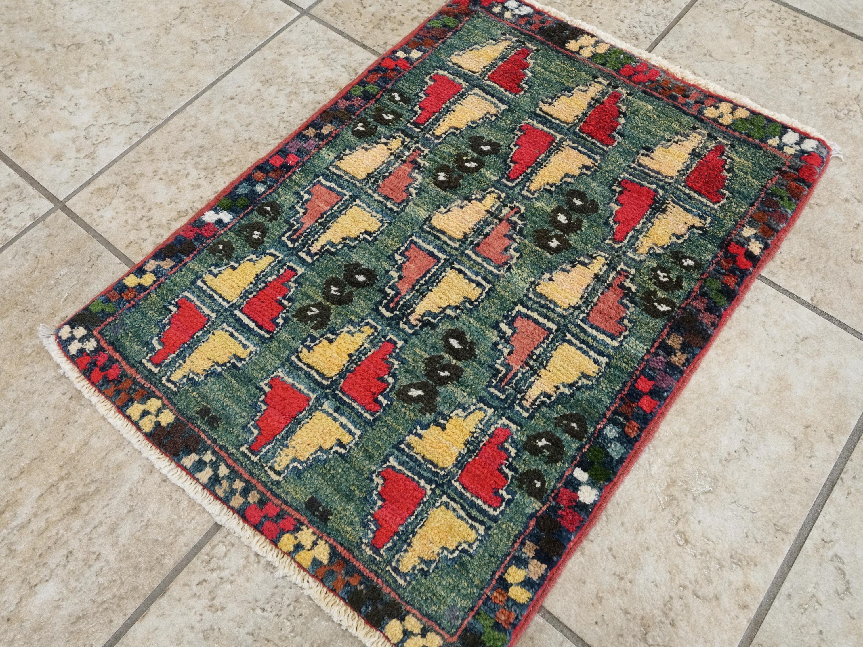 1x2 Ft Hand Knotted Dark Green Serapi Rug - Ghazni Wool Accent Rug