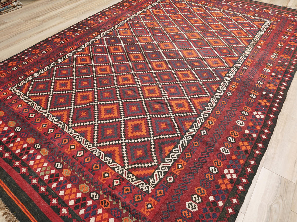 9x14 Ft Vintage Maimana Kilim Rug - Traditional Red Flat Weave