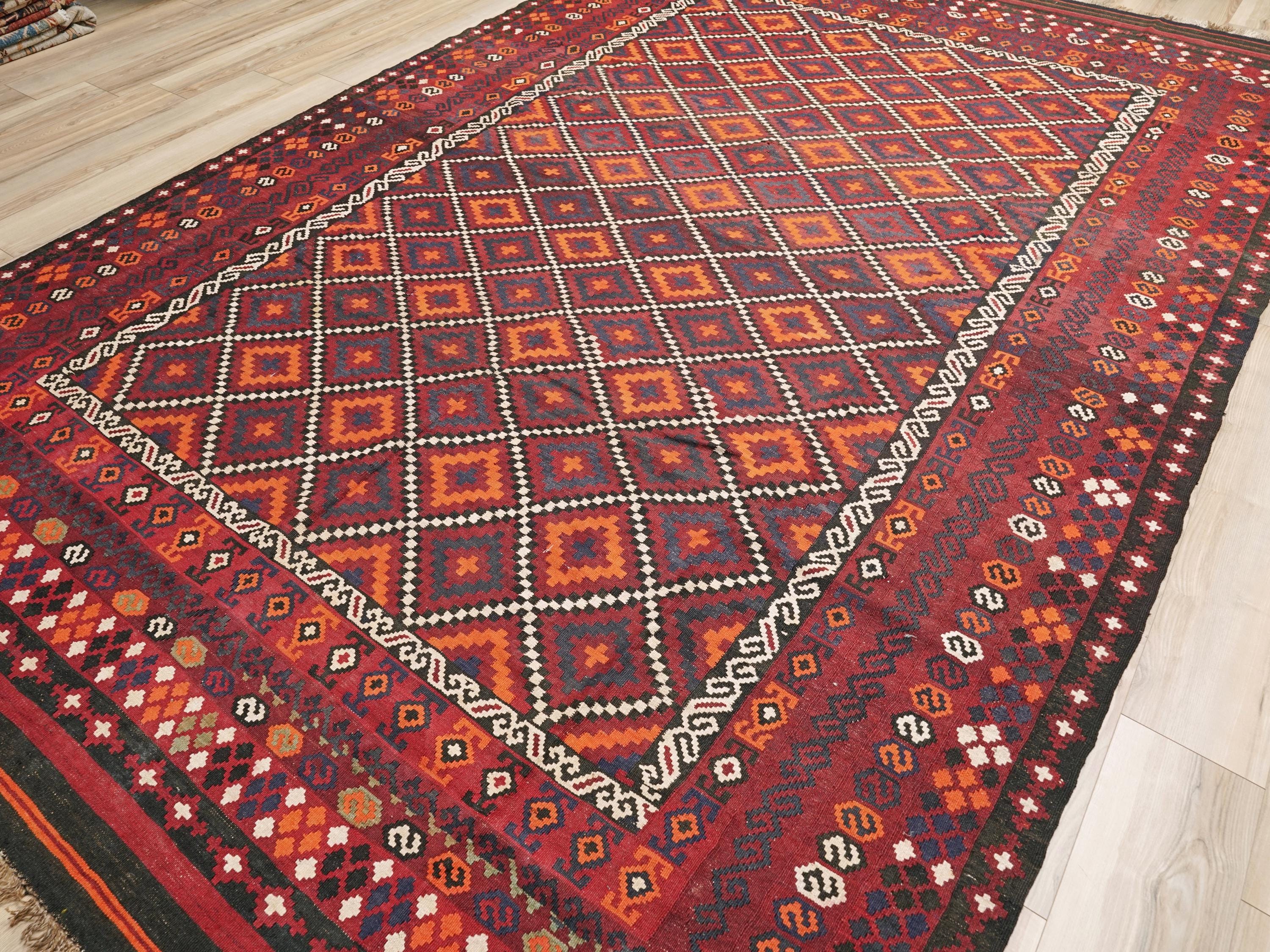 9x14 Ft Vintage Maimana Kilim Rug - Traditional Red Flat Weave