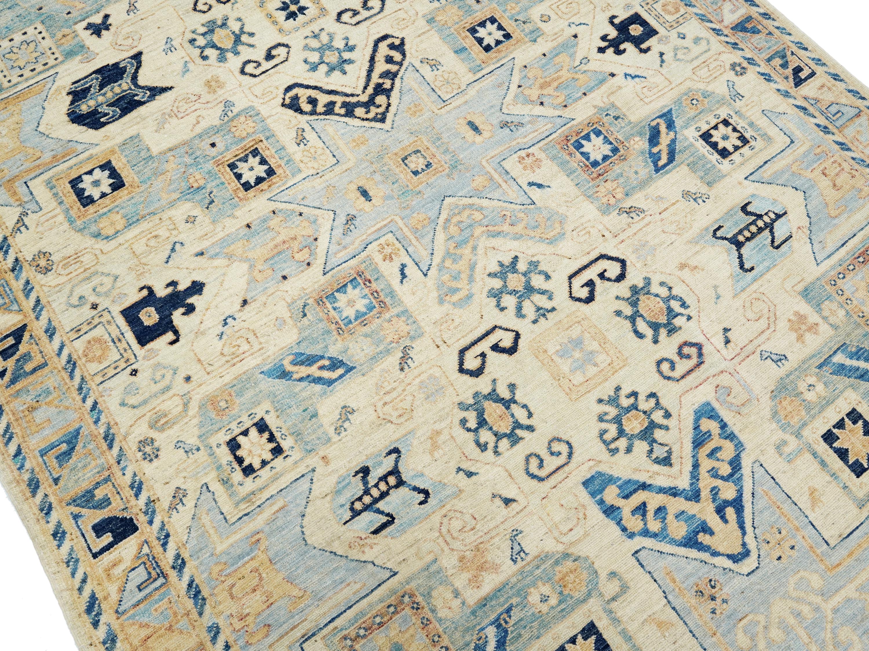 6x9 Ft Antique Heriz Rug - Beige & Blue Persian Rug