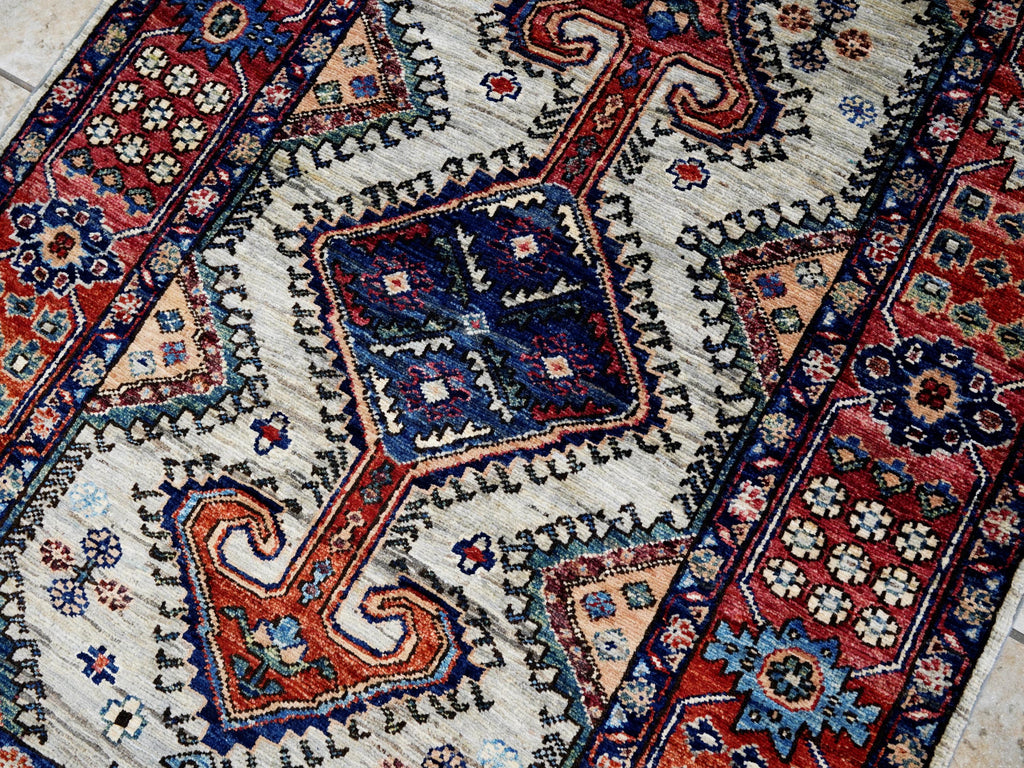 3x5 Ft Red & Gray Kazak Rug - Handmade Afghan Rug