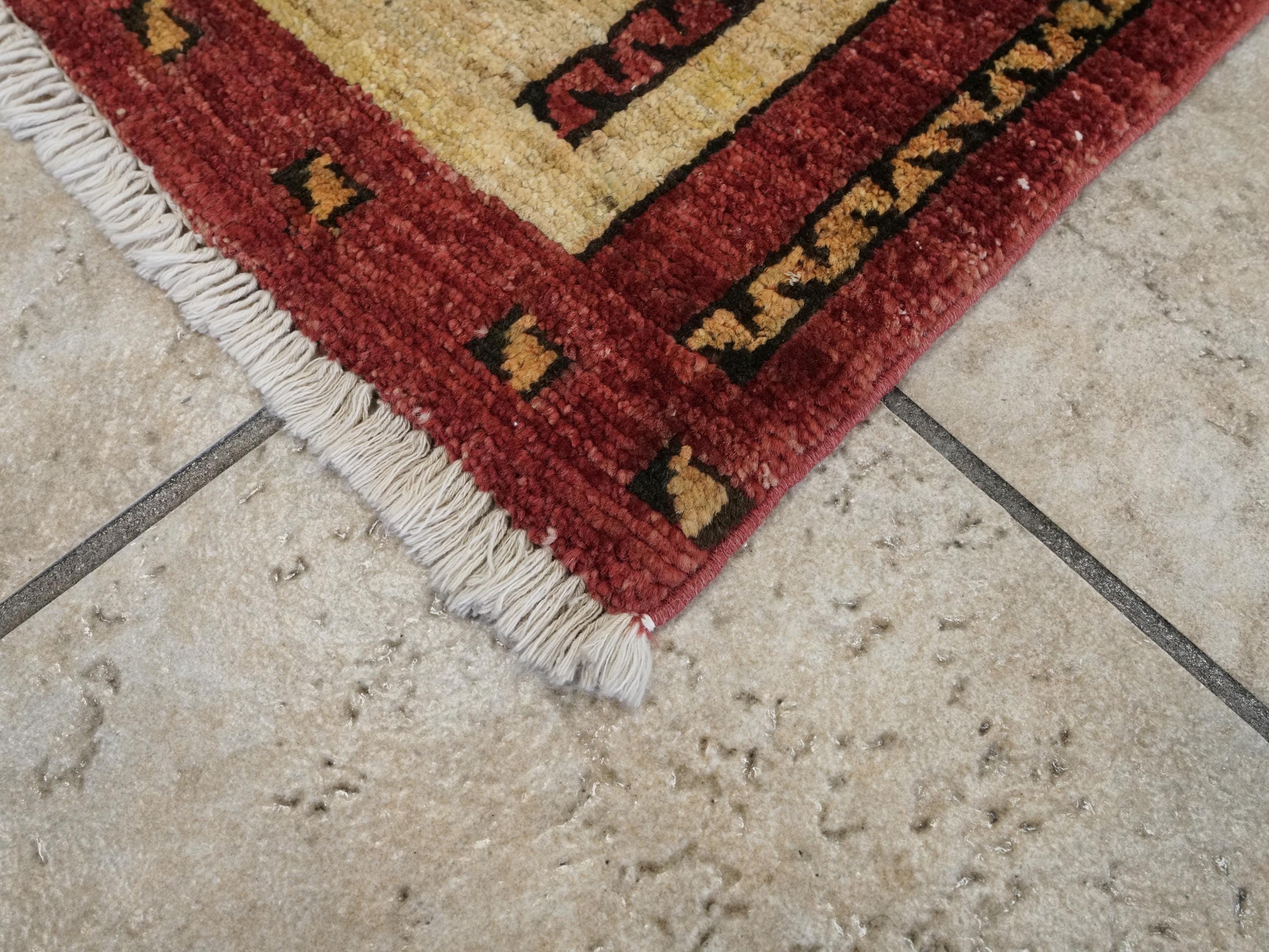 2x3 Ft Hand Knotted Wool Gabbeh Rug - Beige & Red Tribal Doormat