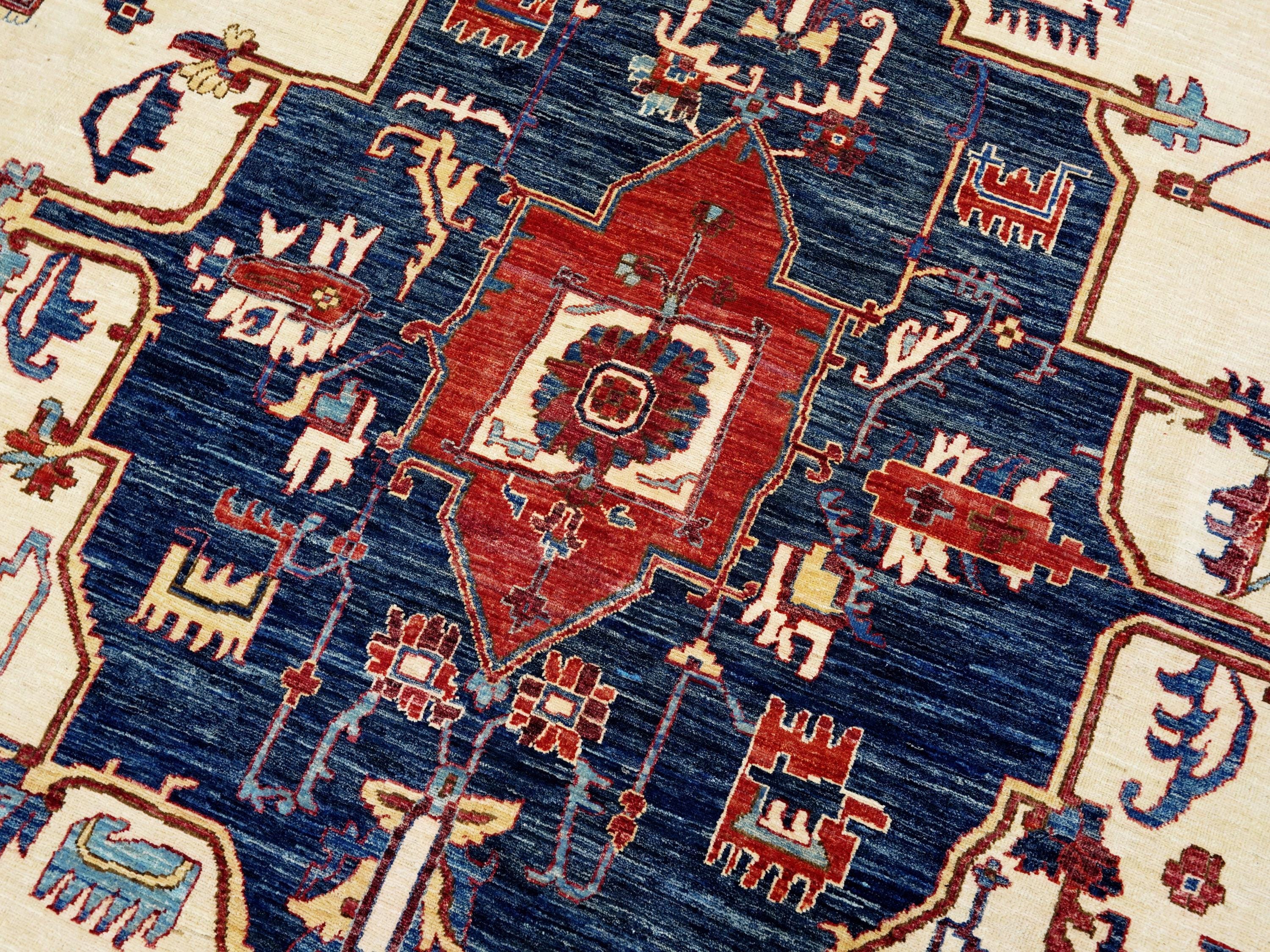 9x12 Ft Red & Blue Serapi Rug - Hand Knotted Antique Rug - Persian Design