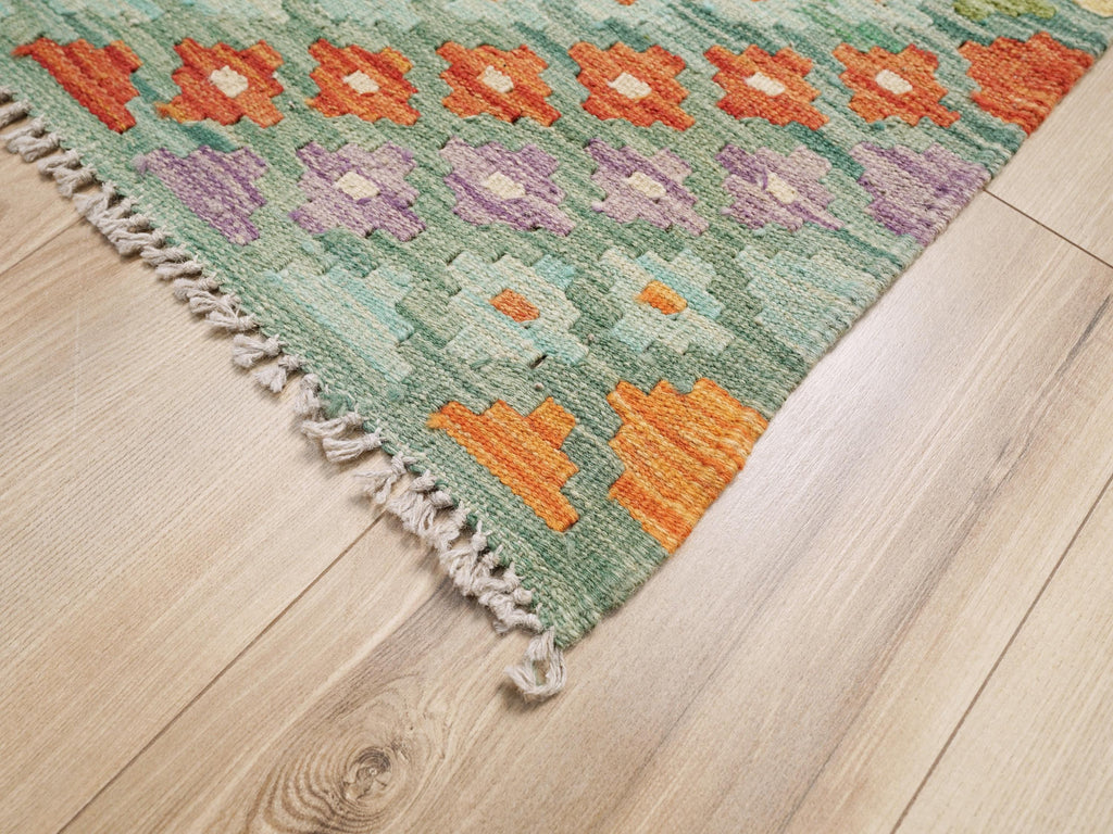 7x10 Ft Green Kilim Rug - Flat Weave Area Rug