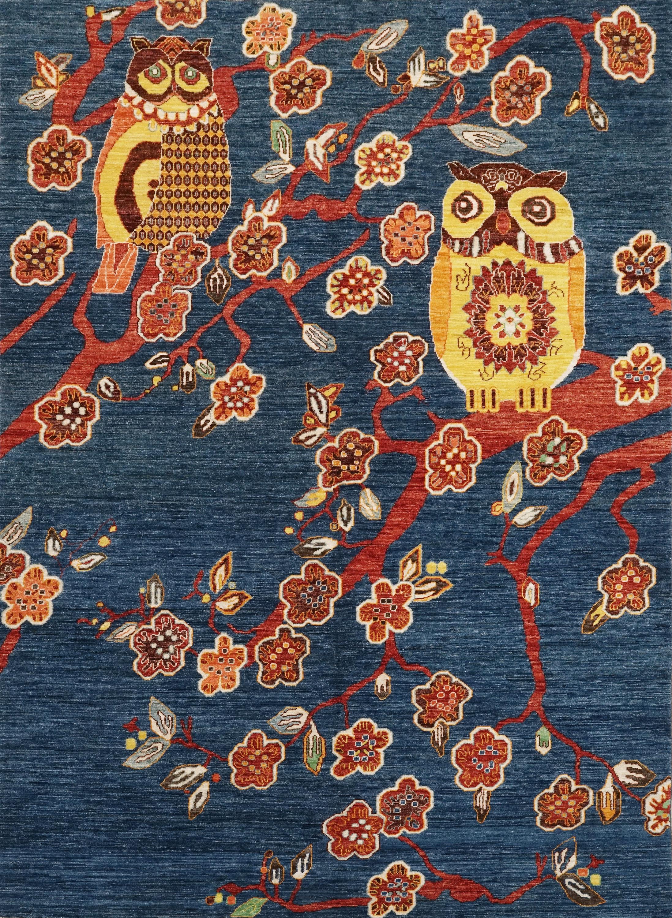 6x9 Ft Blue Owl Rug - Hand Knotted Wool Gabbeh Rug