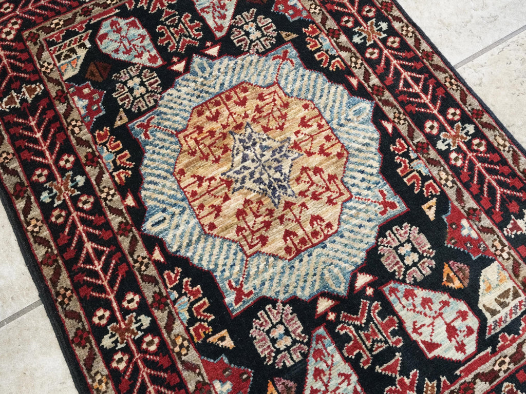 2x3 Ft Hand Knotted Mamluk Rug - Black & Red Oriental Accent Rug