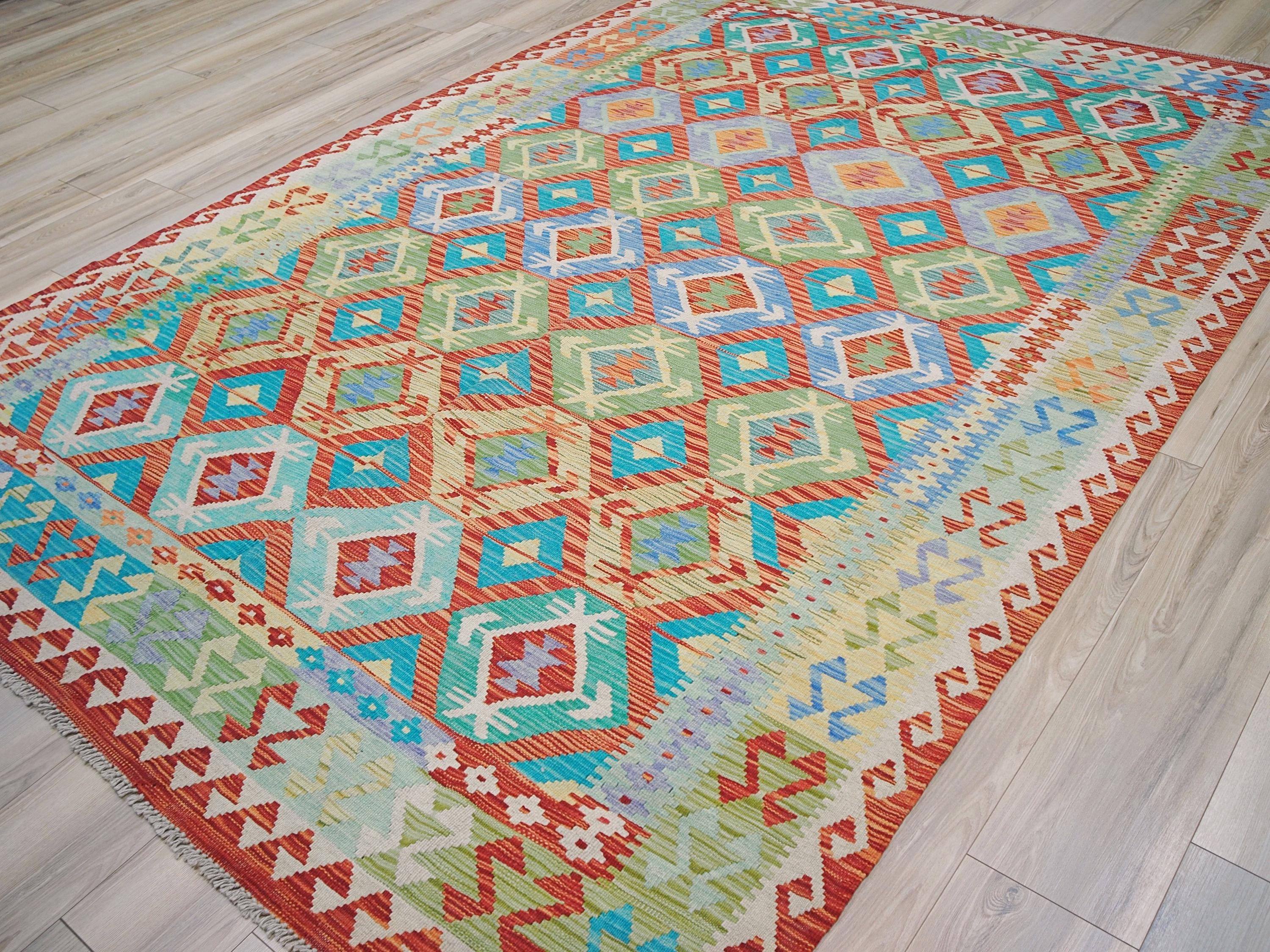 7x10 Ft Afghan Kilim Rug - Green & Orange Flat Weave - Tribal Design