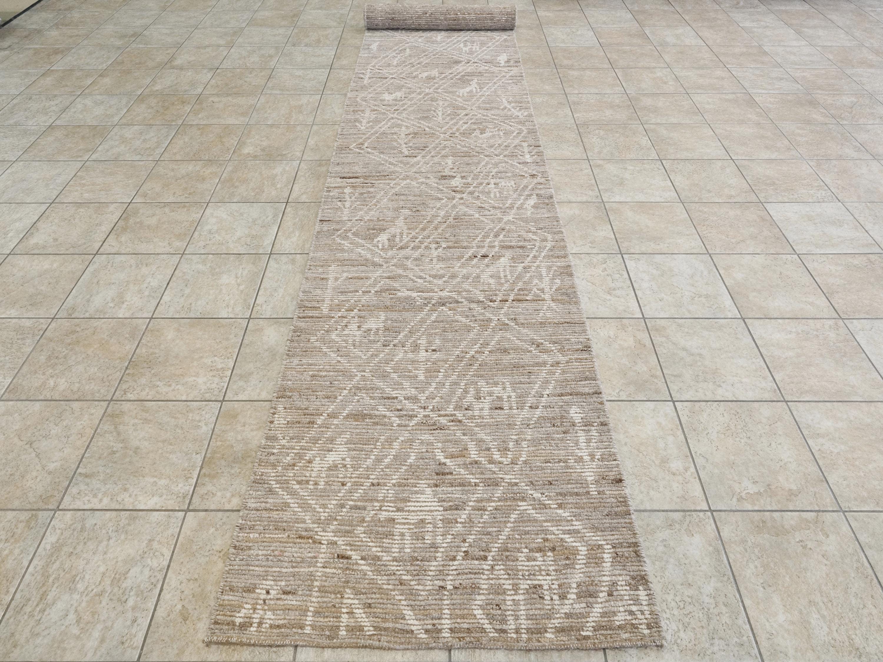 19 Ft Hand Knotted Afghan Runner Rug - Light Brown Wool Rug - Tribal Design