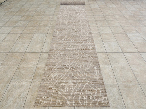 19 Ft Hand Knotted Afghan Runner Rug - Light Brown Wool Rug - Tribal Design