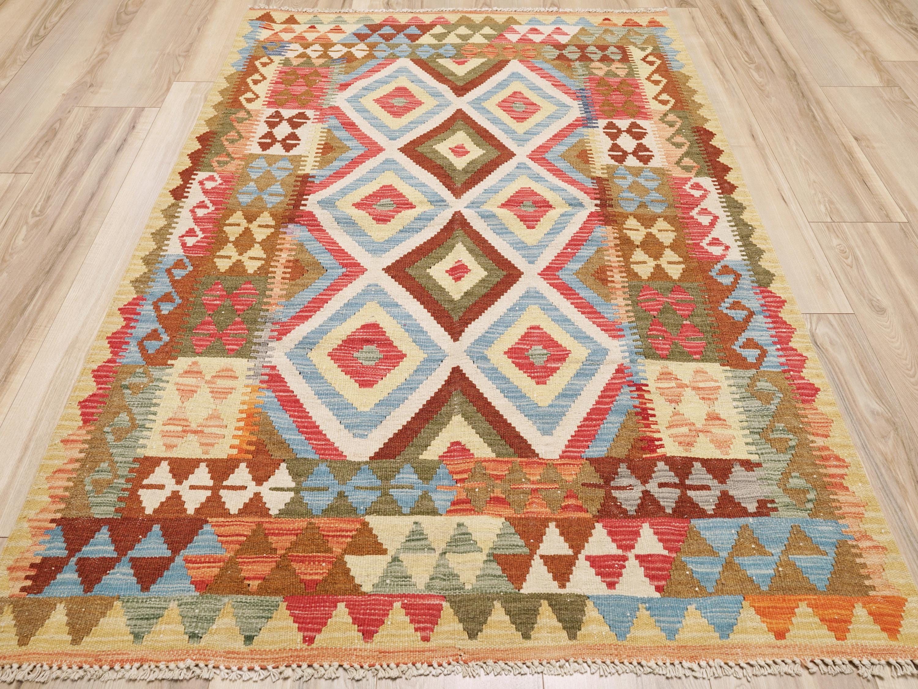 4x6 Ft Wool Kilim Rug - Colorful Flat Weave Tribal Rug