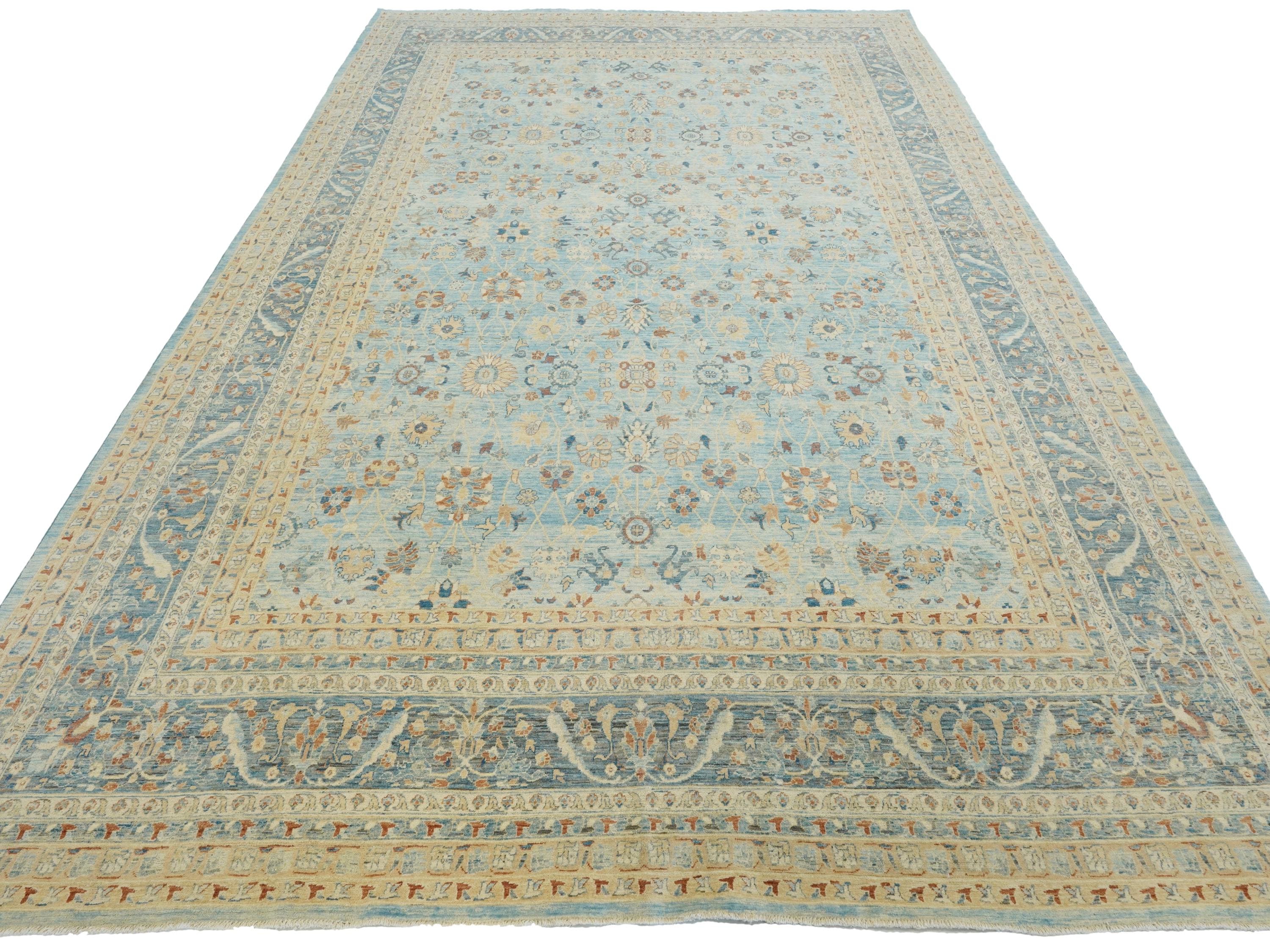 9x13 Ft Light Blue Serapi Rug - Hand Knotted Antique Rug - Persian Design