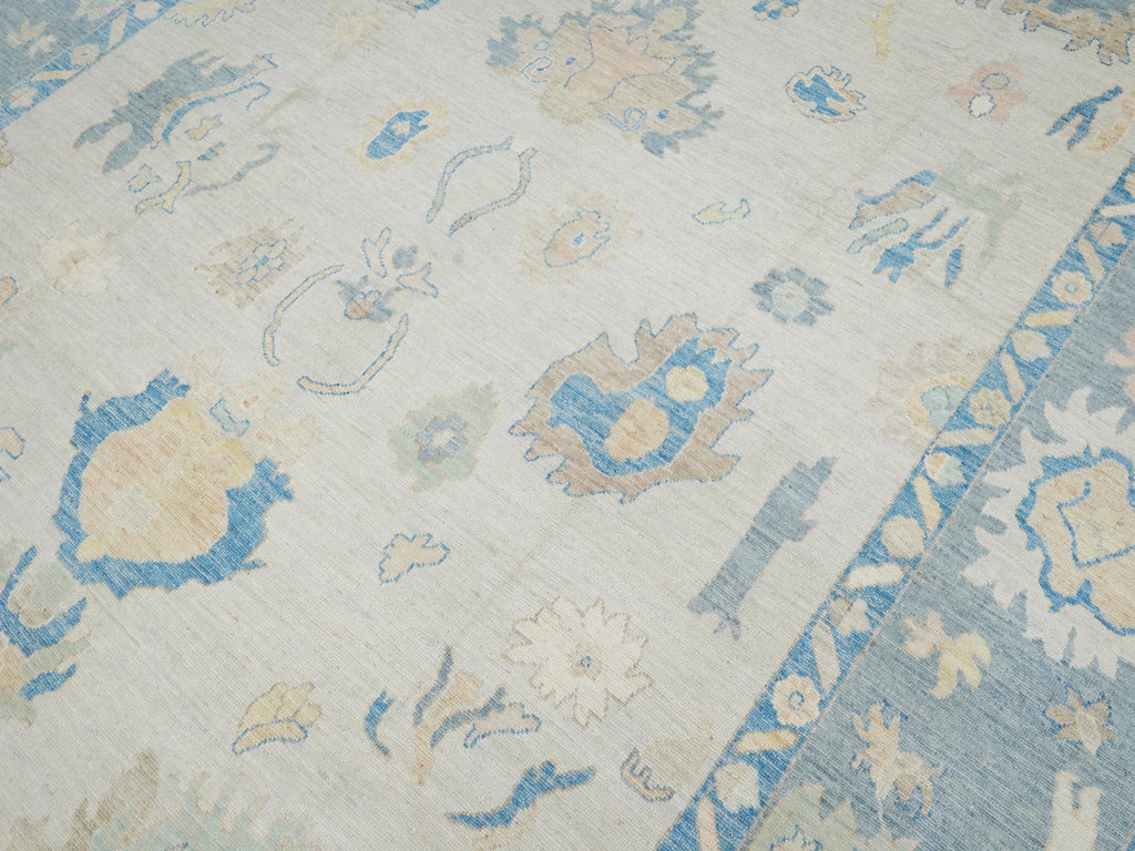 10x14 Ft Muted Blue & Orange Oushak Rug - Hand Knotted Afghan Rug - Turkish Floral Design
