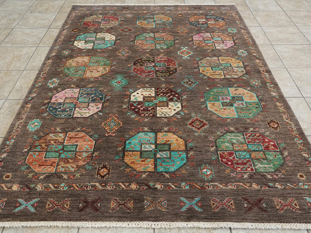 6x8 Ft Hand Knotted Ersari Rug - Brown Afghan Wool Rug