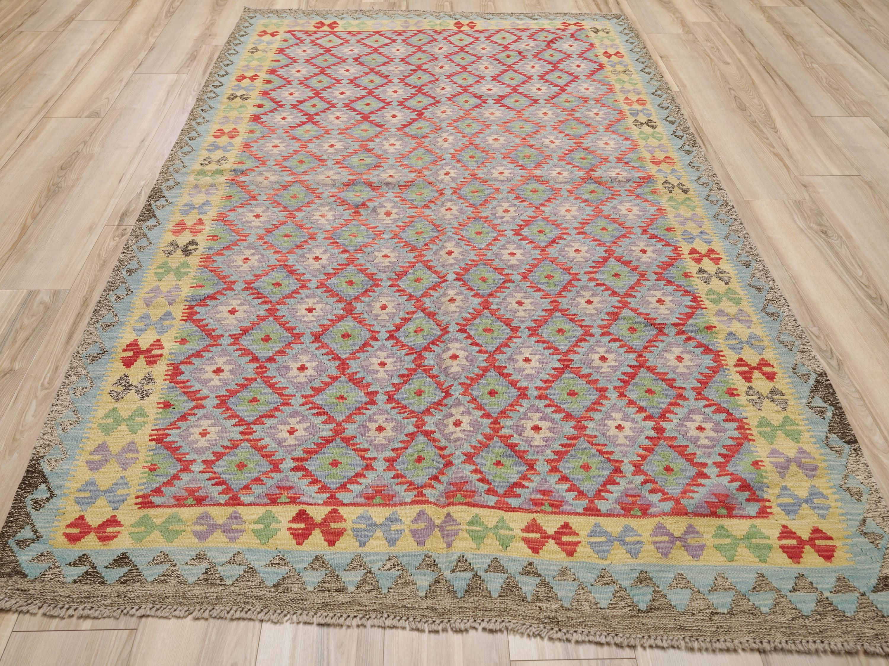 6x9 Ft Red Maimana Kilim Rug - Hand Knotted Afghan Flat Weave