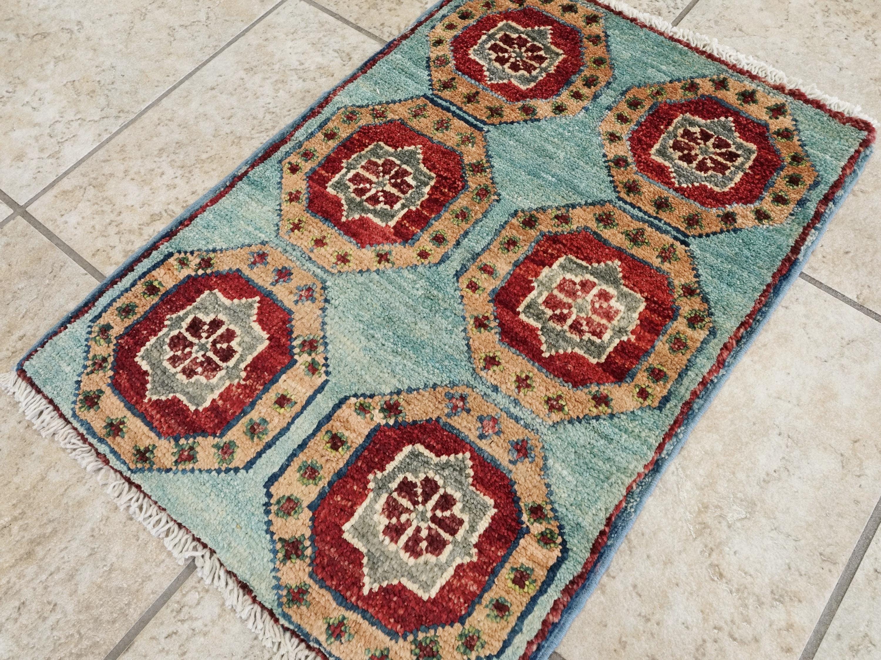 1x2 Ft Hand Knotted Cyan Mamluk Rug: Ghazni Wool Oriental Accent Rug