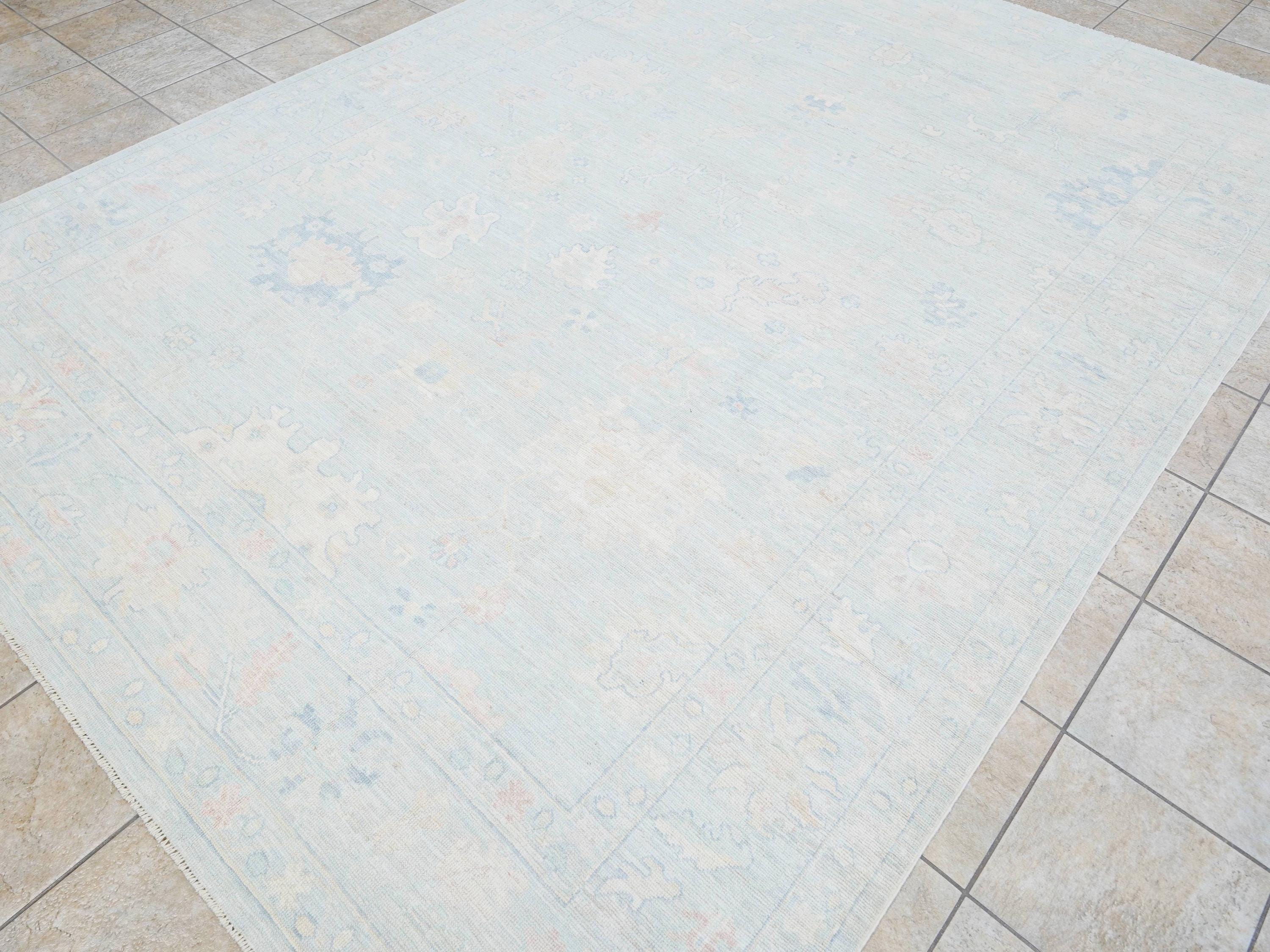 9x12 Ft Light Blue Oushak Rug - Handmade Area Rug - Floral Design