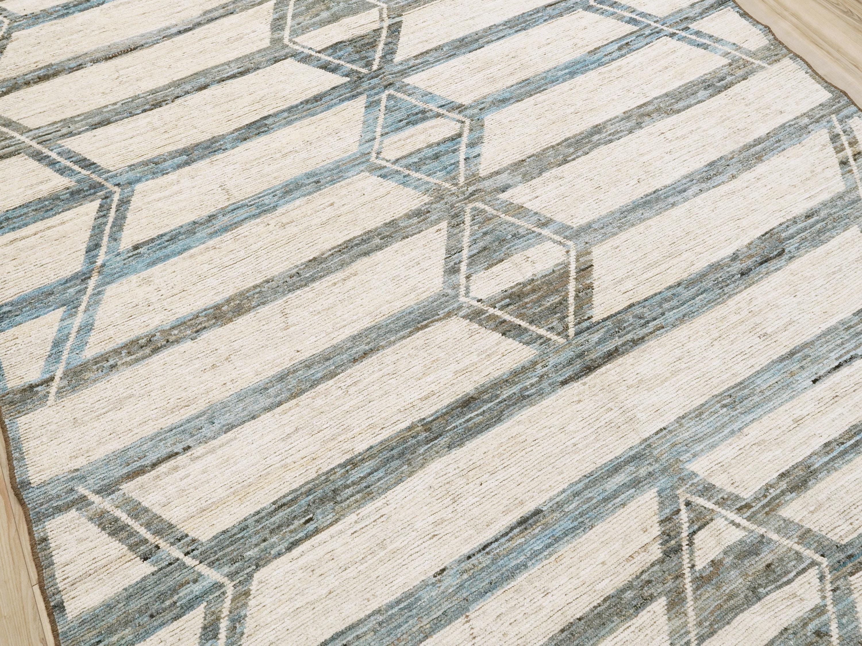 8x10 Ft Beige & Blue Moroccan Rug - Handmade Wool Area Rug