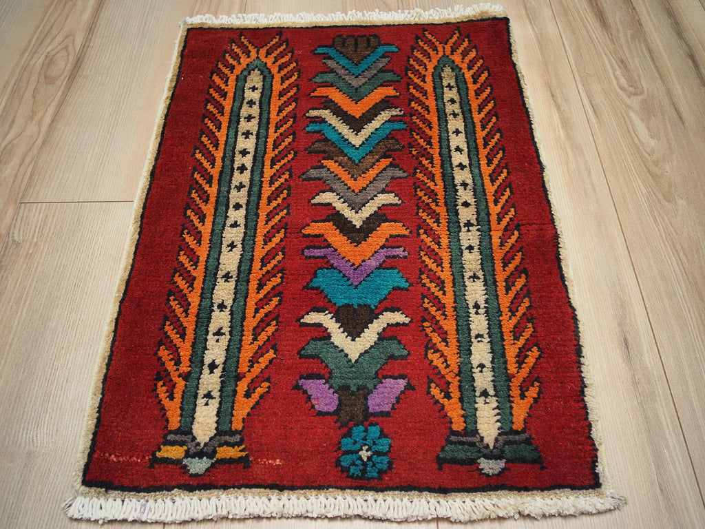 1x2 Ft Red Gabbeh Rug - Hand Knotted Floral Accent Rug
