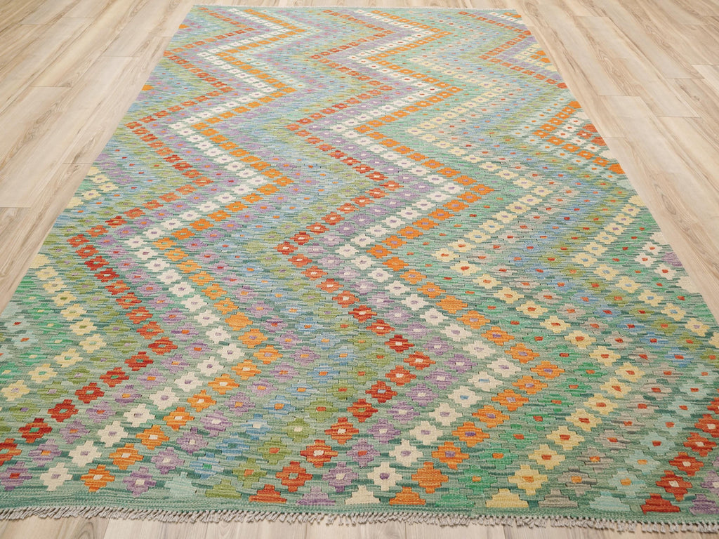 7x10 Ft Green Kilim Rug - Flat Weave Area Rug