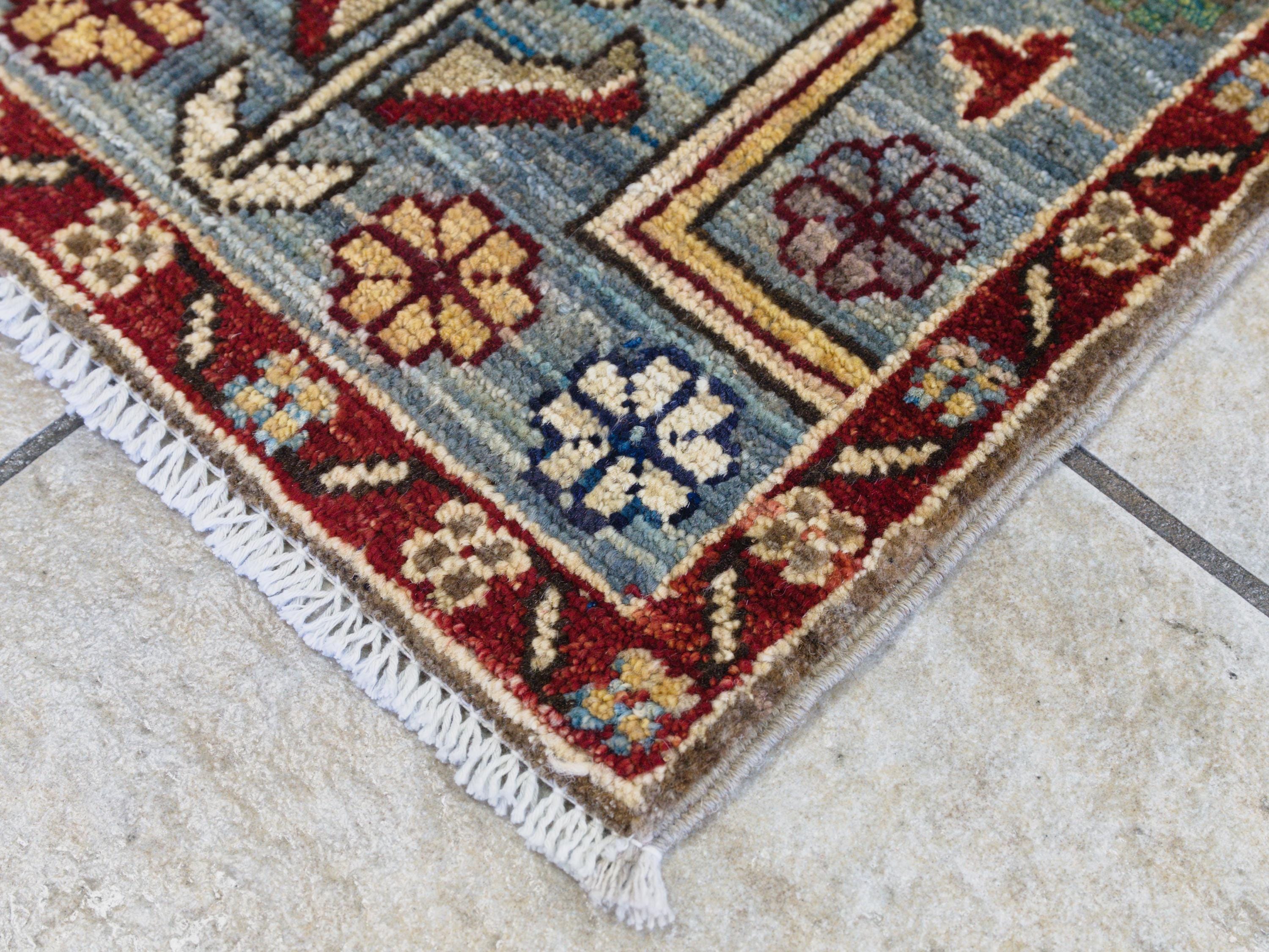 1x2 Ft Blue & Red Heriz Rug - Wool Accent Rug