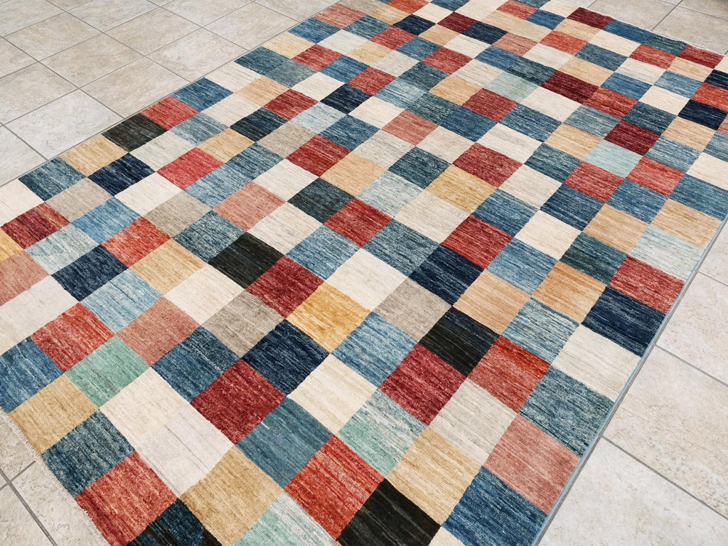 7x10 Multicolor Gabbeh Rug - Afghan Wool Area Rug - Geometric Design
