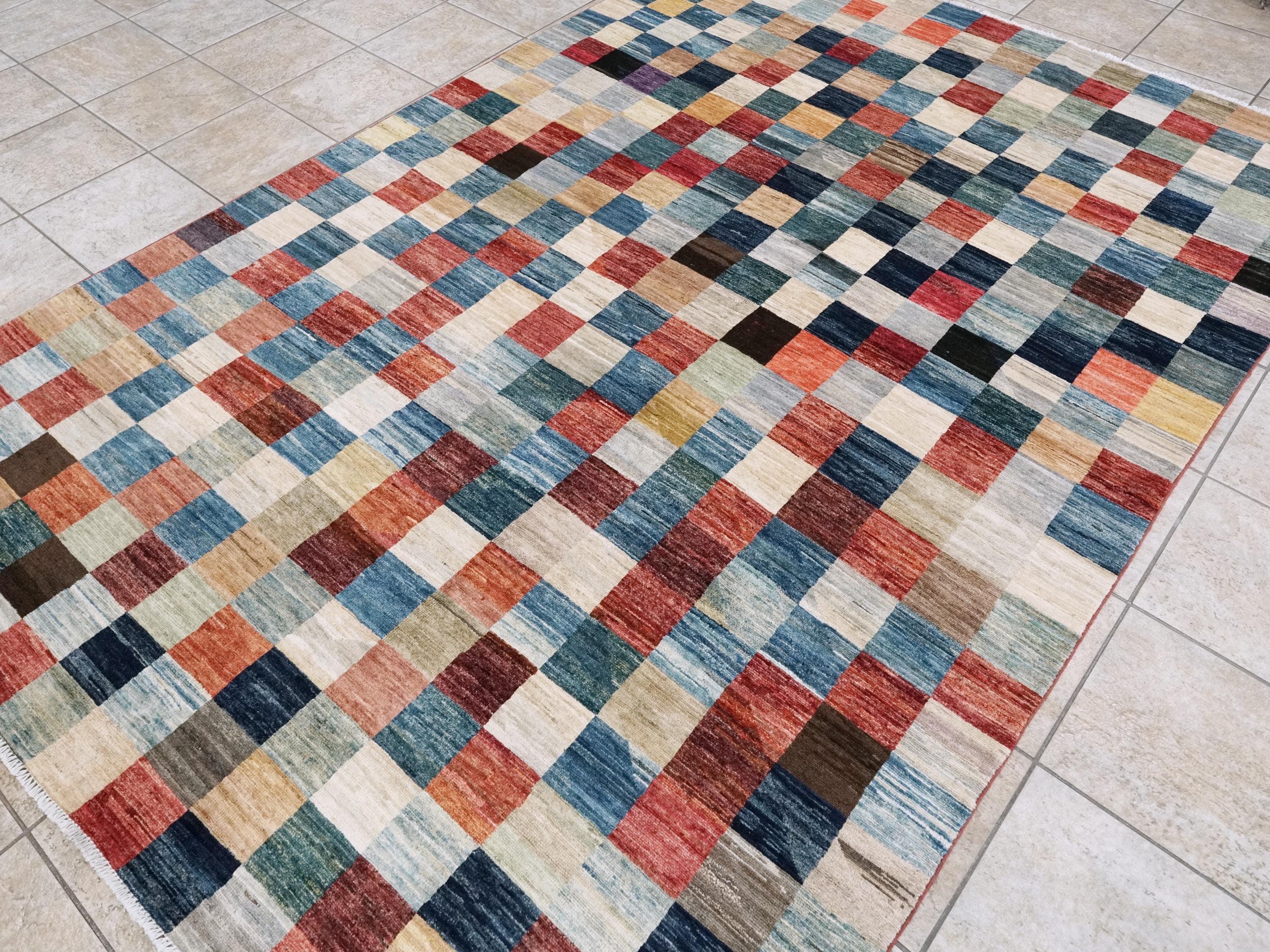 7x10 Multicolor Gabbeh Rug - Afghan Wool Area Rug - Geometric Design