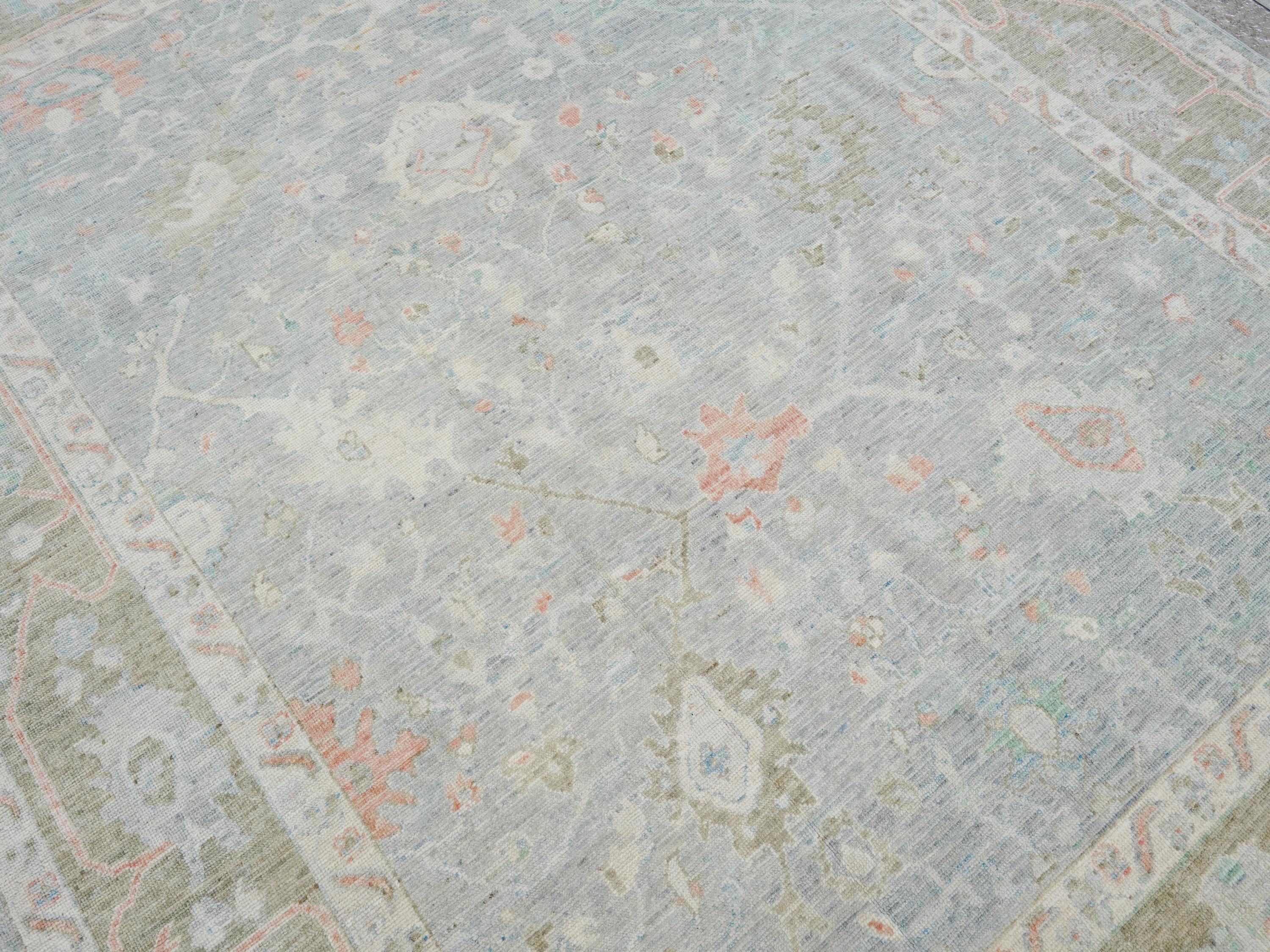 8x10 Ft Light Blue Oushak Rug - Hand Knotted Oriental Rug - Floral Design